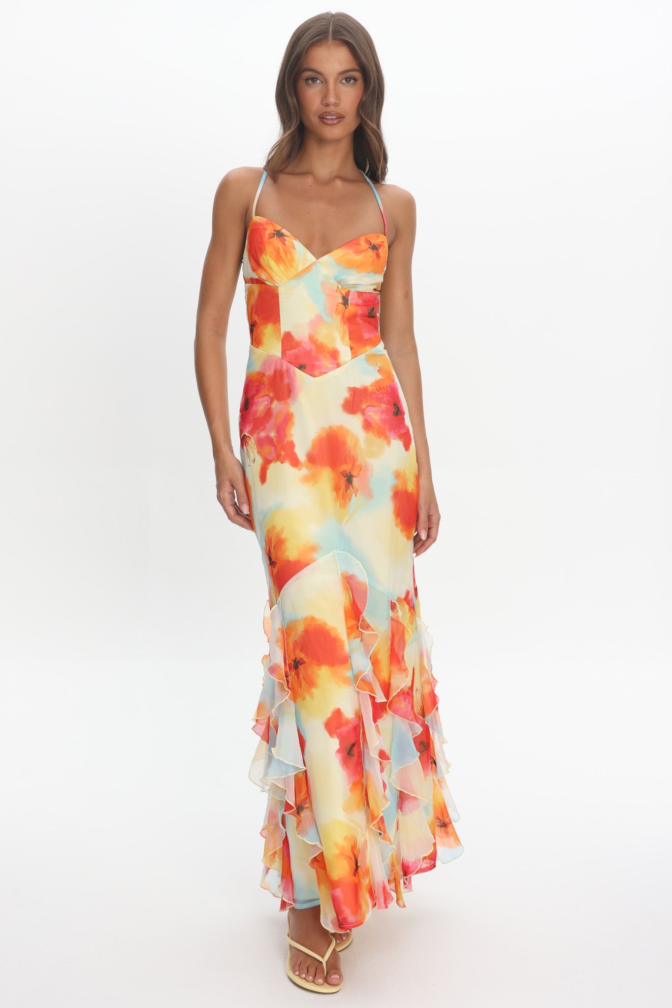 Charlisa Strappy Back Ruffle Maxi Dress Flowers Orange