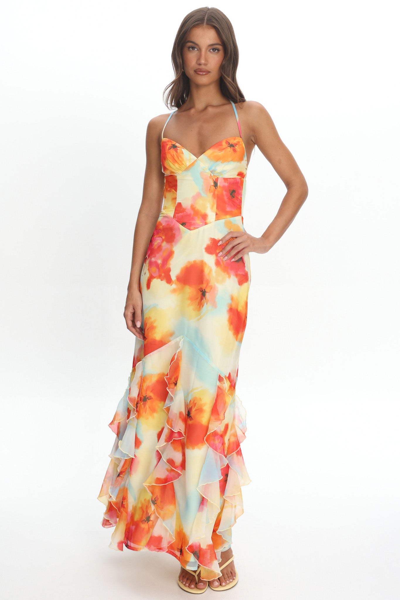 Charlisa Strappy Back Ruffle Maxi Dress Flowers Orange