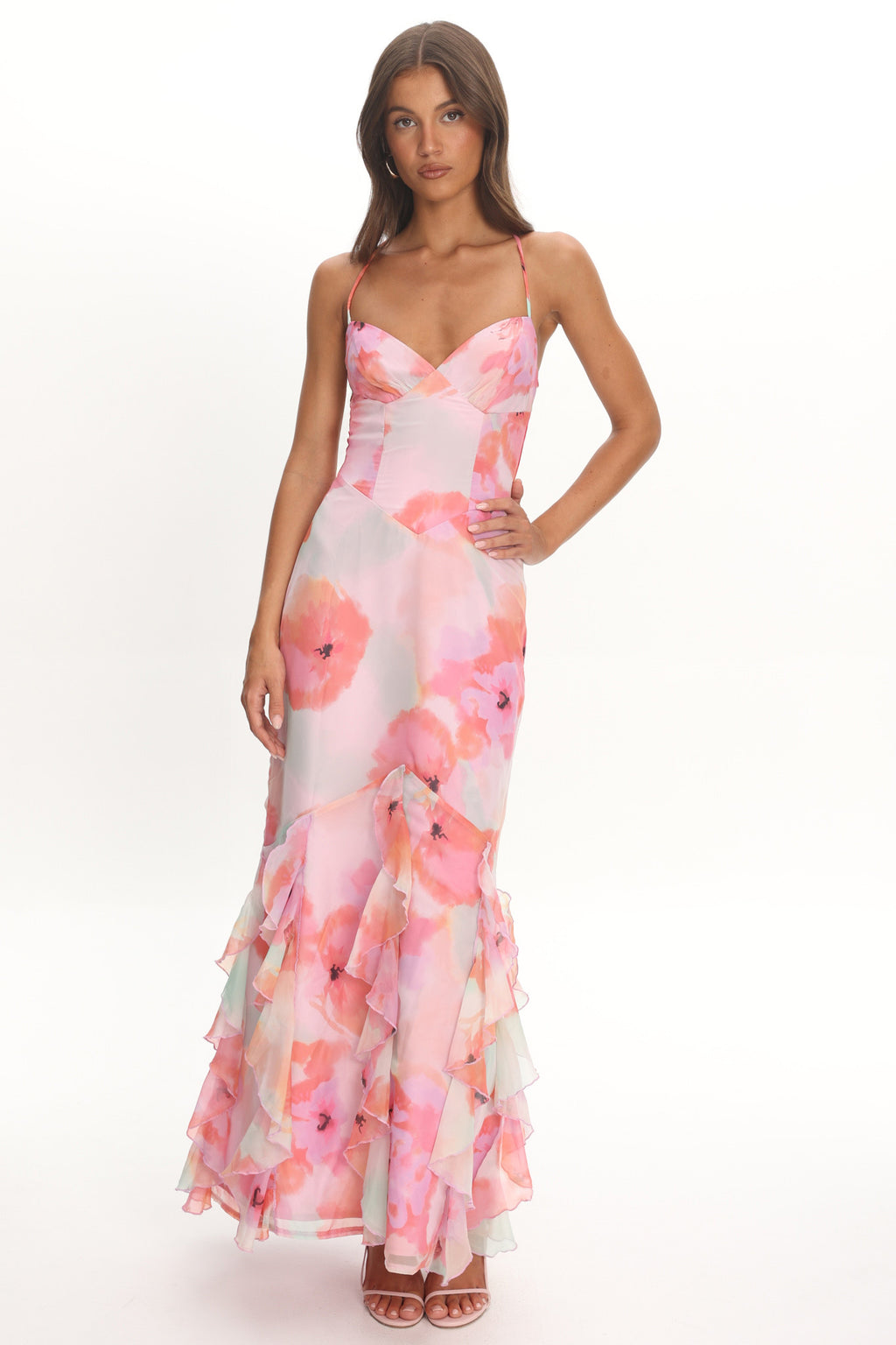 Charlisa Strappy Back Ruffle Maxi Dress Flowers Pink by Selfie Leslie Australia