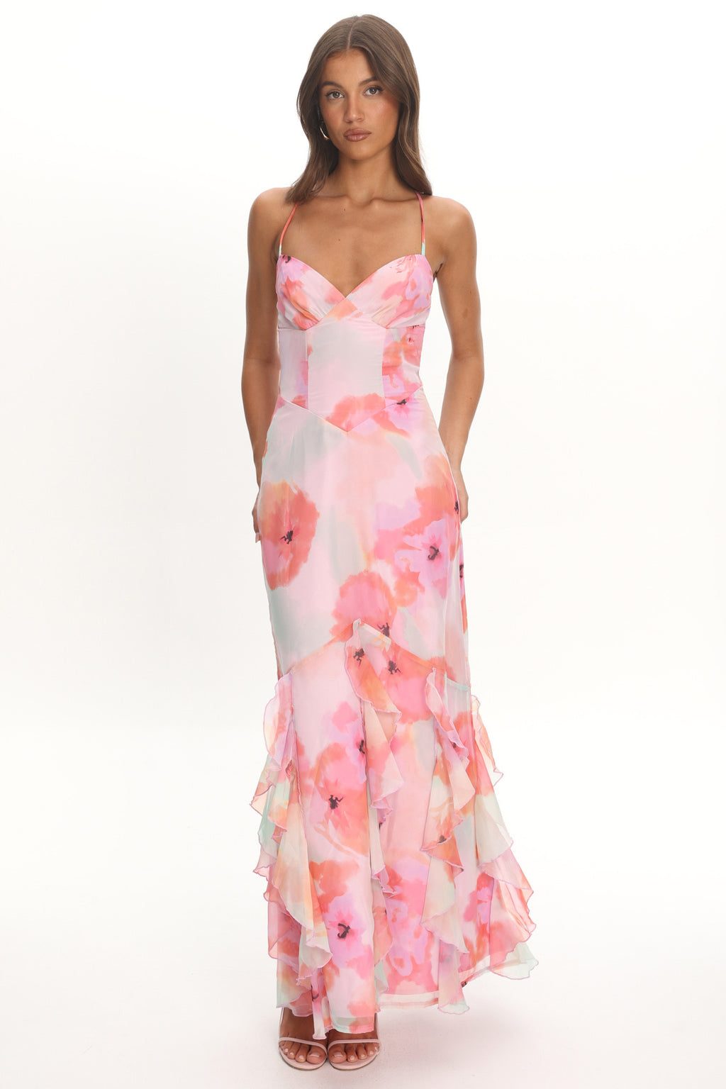 Charlisa Strappy Back Ruffle Maxi Dress Flowers Pink by Selfie Leslie Australia