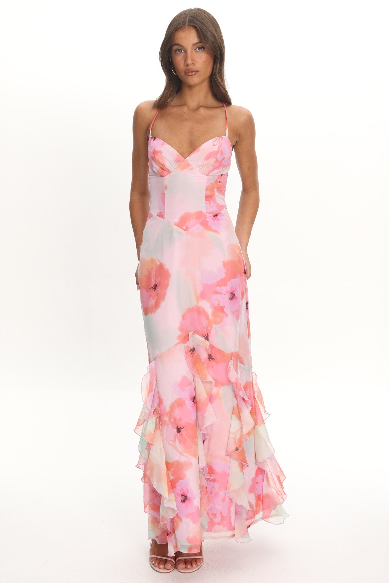 Charlisa Strappy Back Ruffle Maxi Dress Flowers Pink by Selfie Leslie Australia