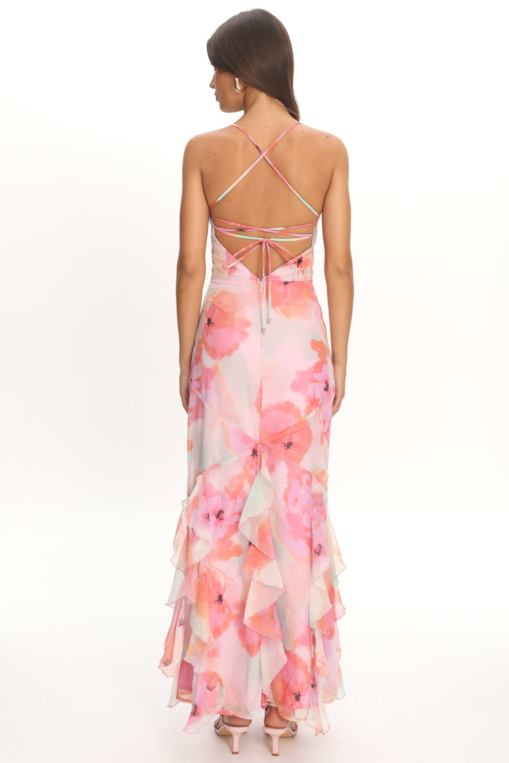 Charlisa Strappy Back Ruffle Maxi Dress Flowers Pink by Selfie Leslie Australia
