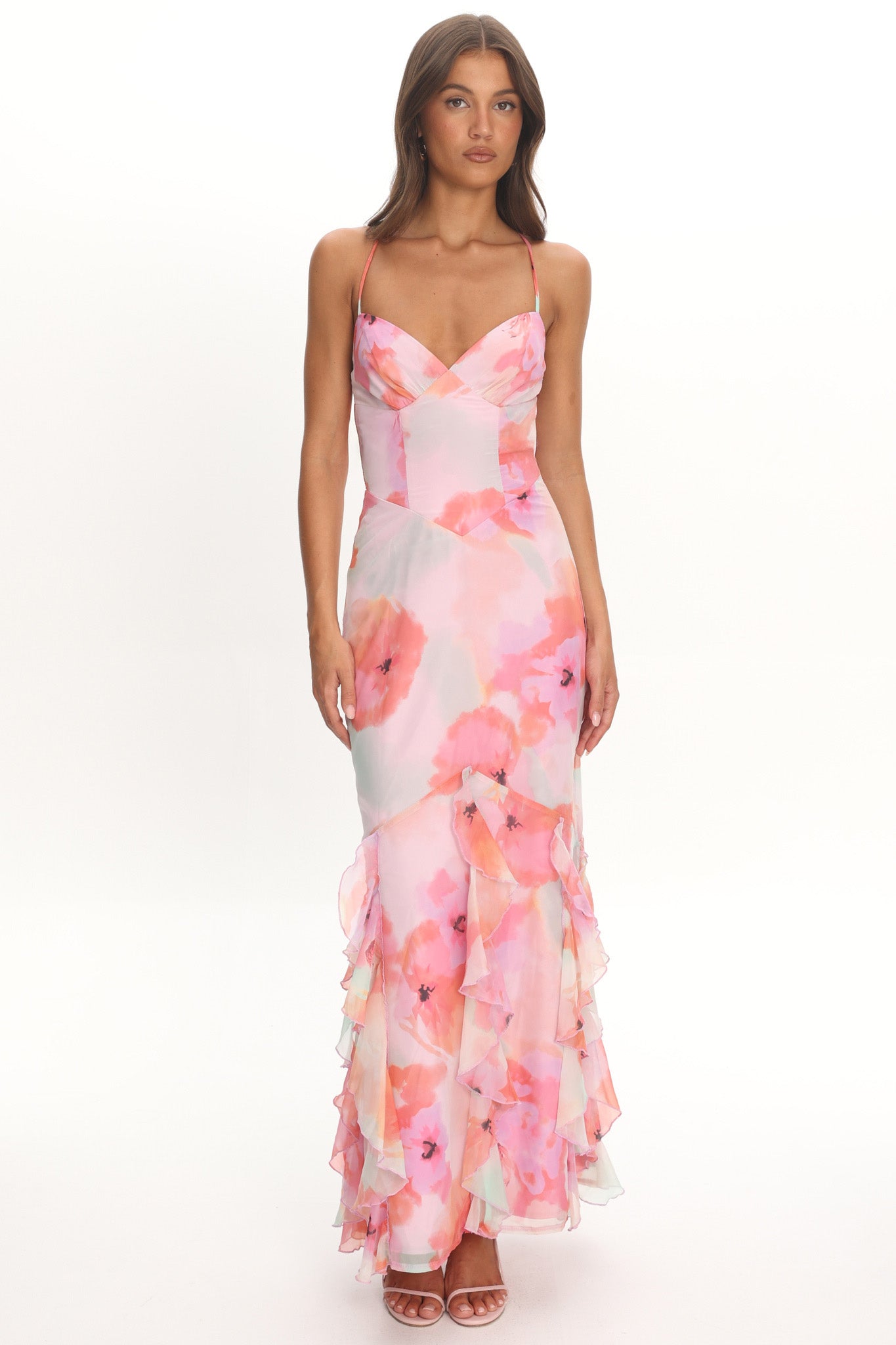 Charlisa Strappy Back Ruffle Maxi Dress Flowers Pink by Selfie Leslie Australia
