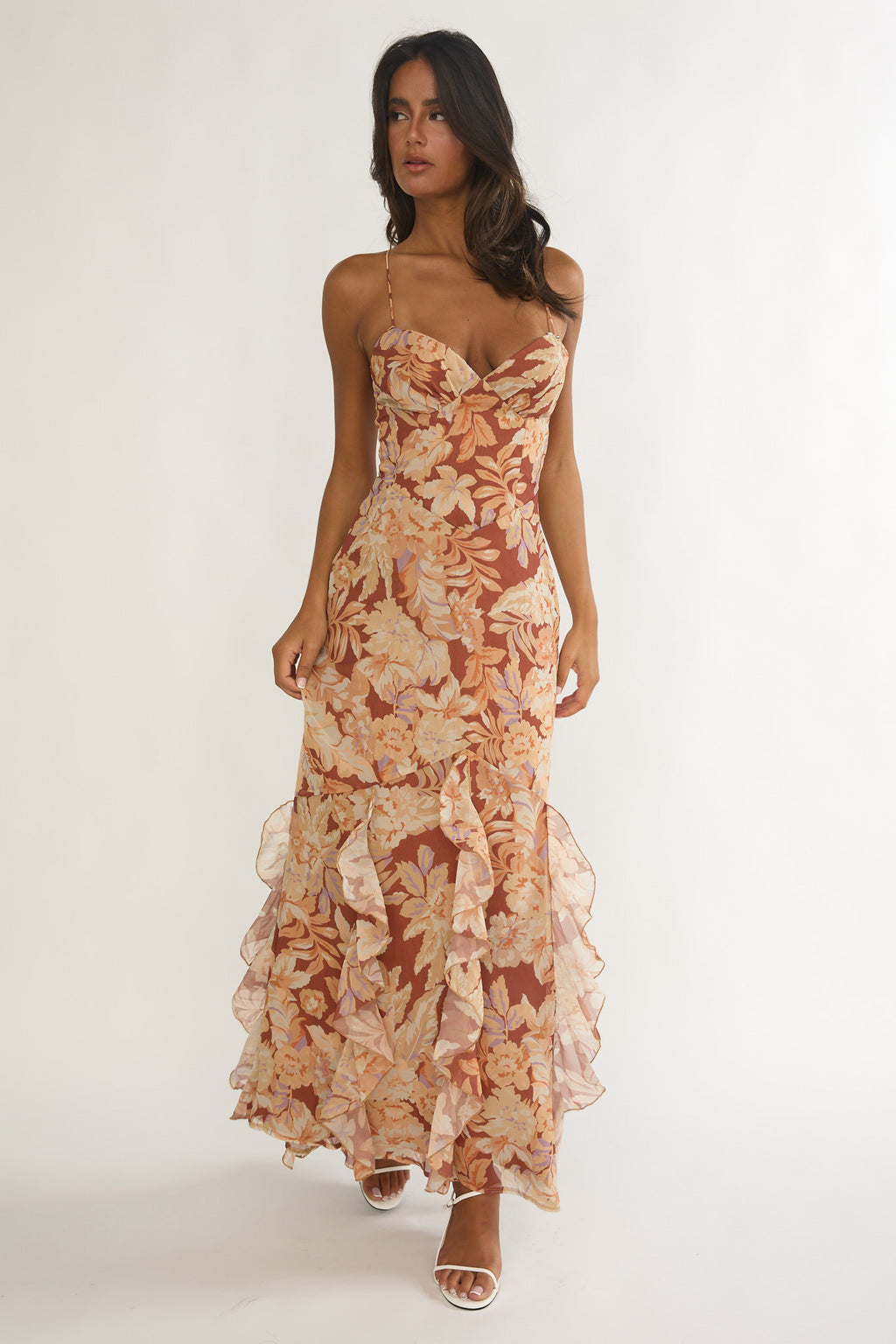 Charlisa Strappy Back Ruffle Maxi Dress Floral Yellow by Selfie Leslie Australia