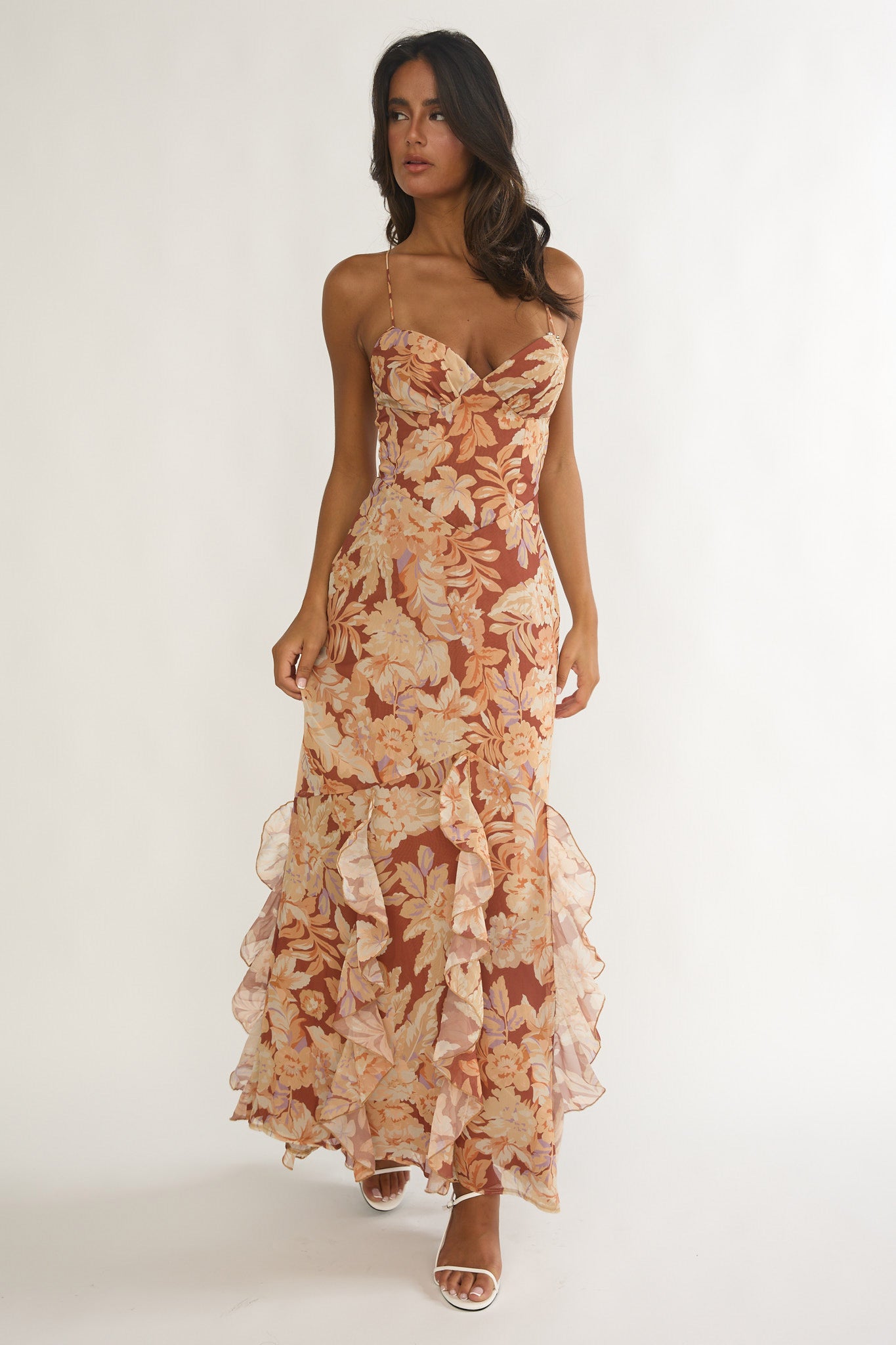 Charlisa Strappy Back Ruffle Maxi Dress Floral Yellow by Selfie Leslie Australia