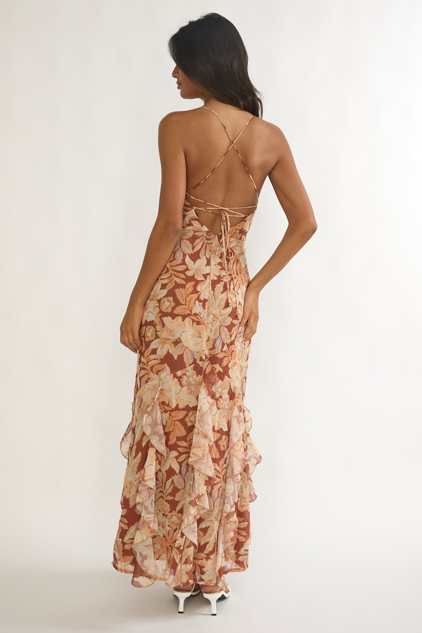 Charlisa Strappy Back Ruffle Maxi Dress Floral Yellow by Selfie Leslie Australia