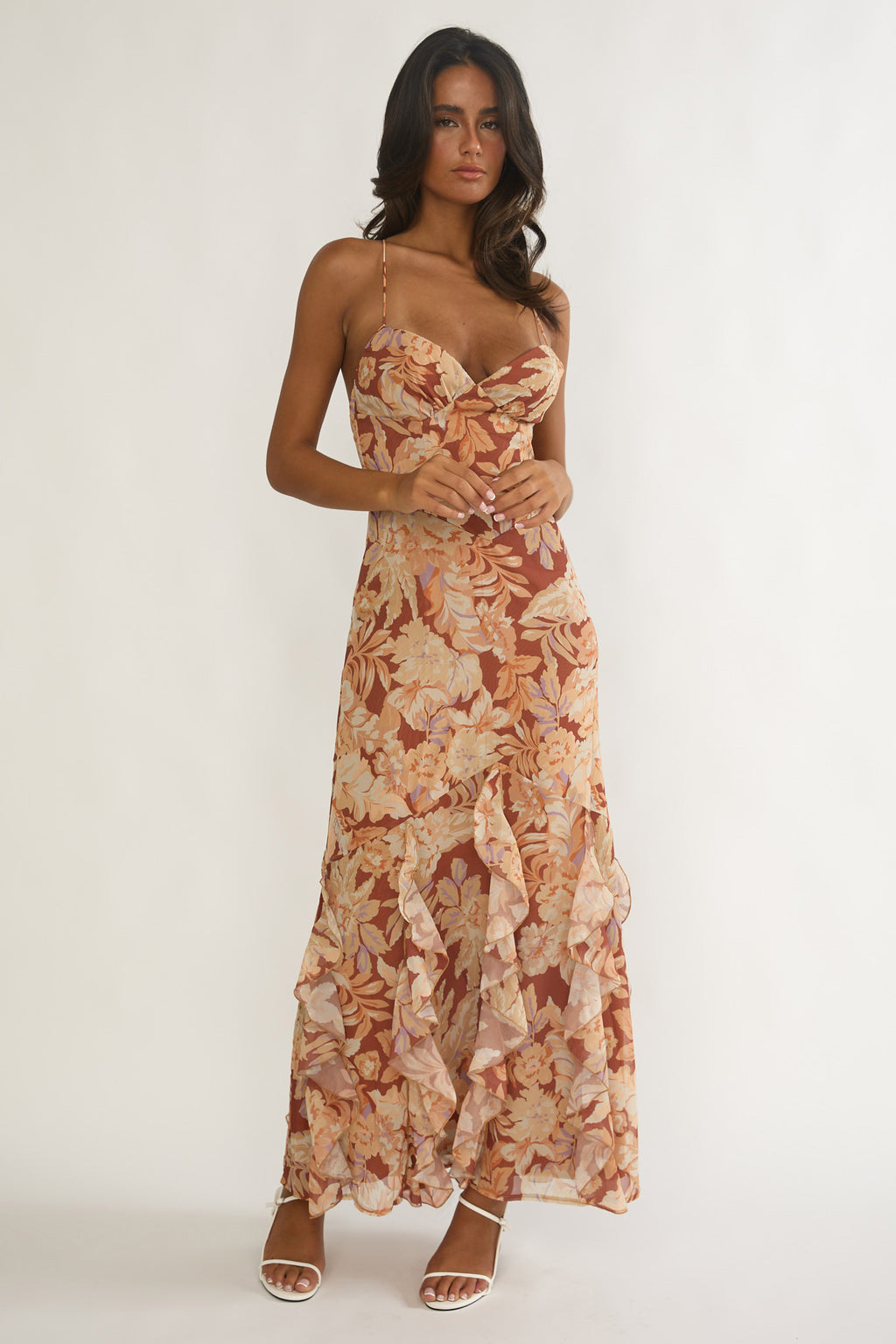 Charlisa Strappy Back Ruffle Maxi Dress Floral Yellow by Selfie Leslie Australia