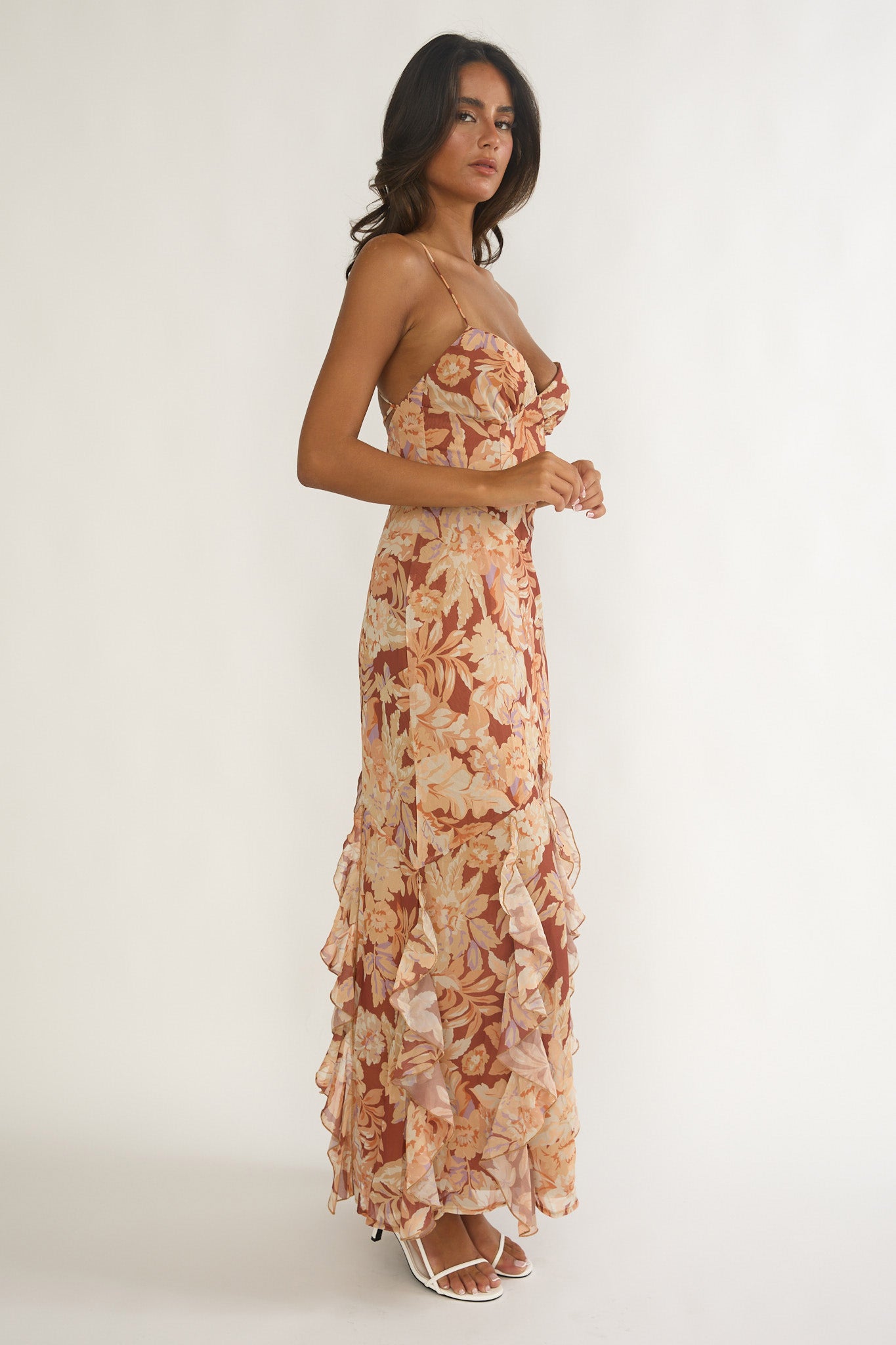 Charlisa Strappy Back Ruffle Maxi Dress Floral Yellow by Selfie Leslie Australia