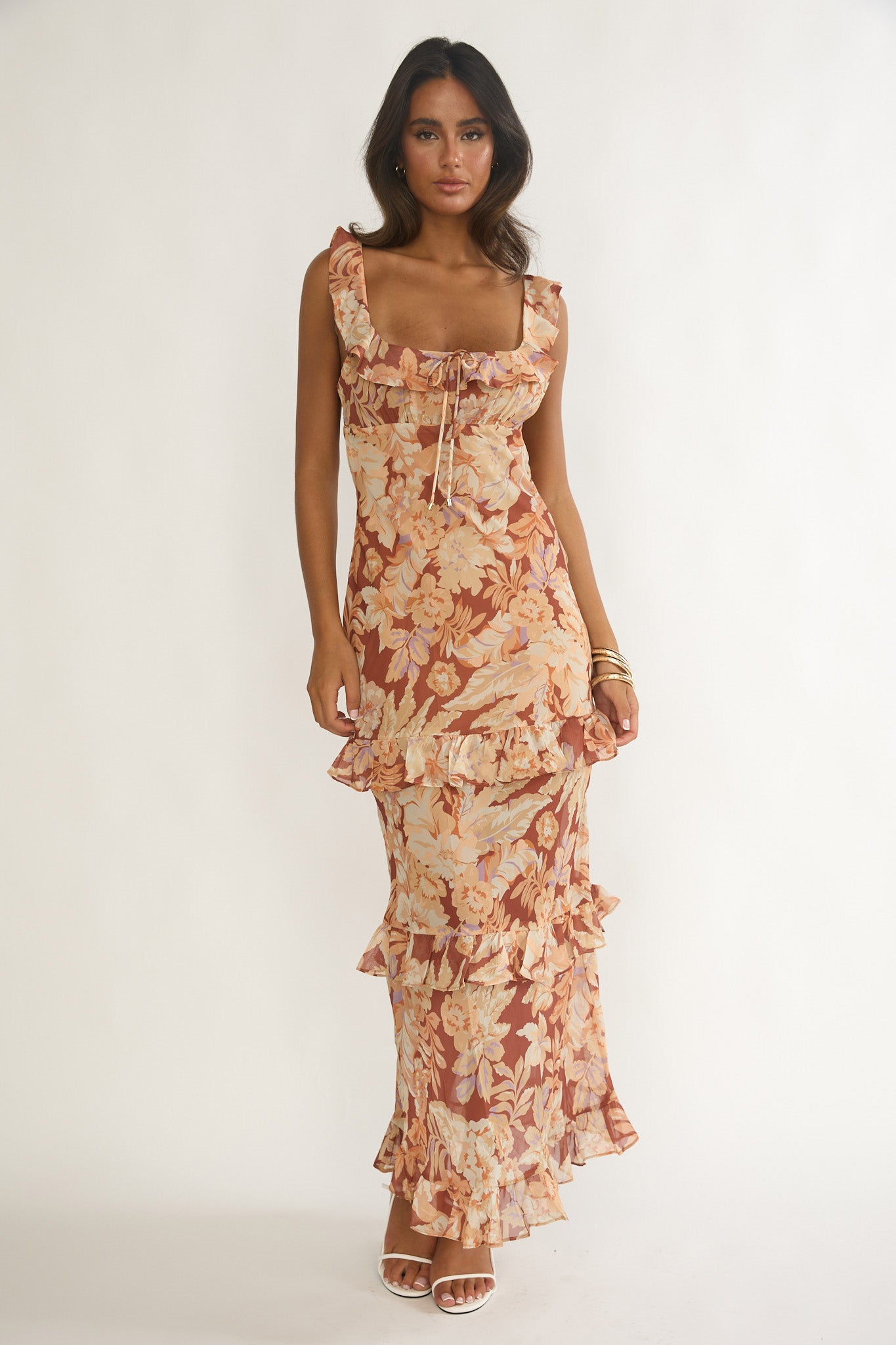 Dorise Tied Back Ruffle Maxi Dress Floral Yellow by Selfie Leslie Australia