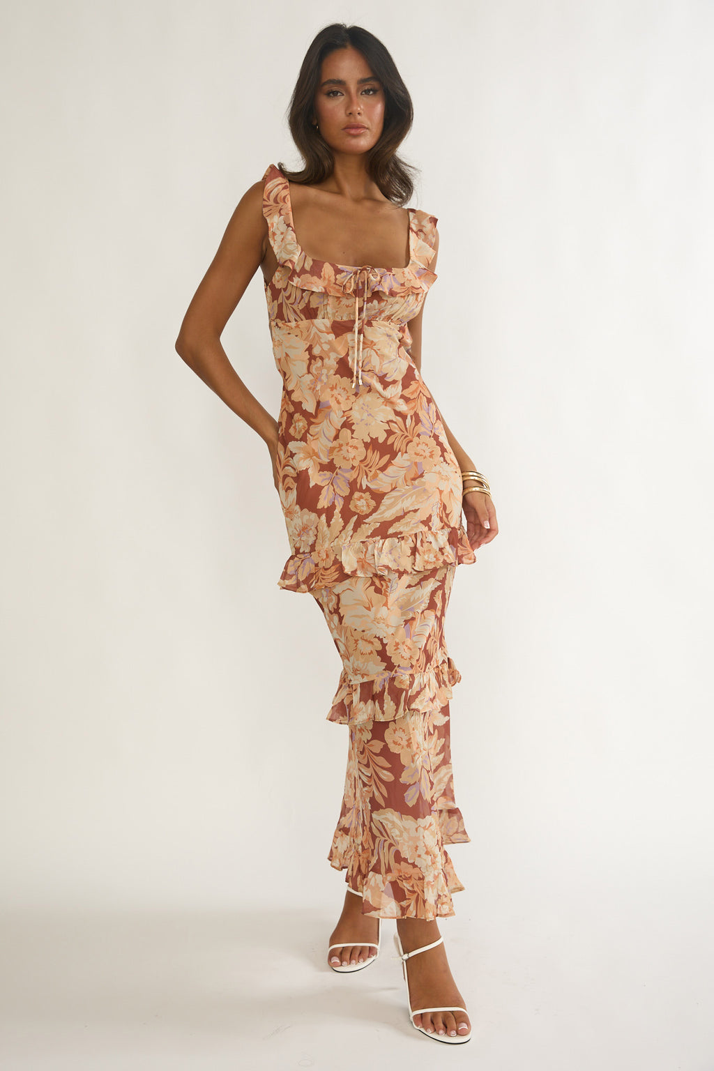 Dorise Tied Back Ruffle Maxi Dress Floral Yellow by Selfie Leslie Australia