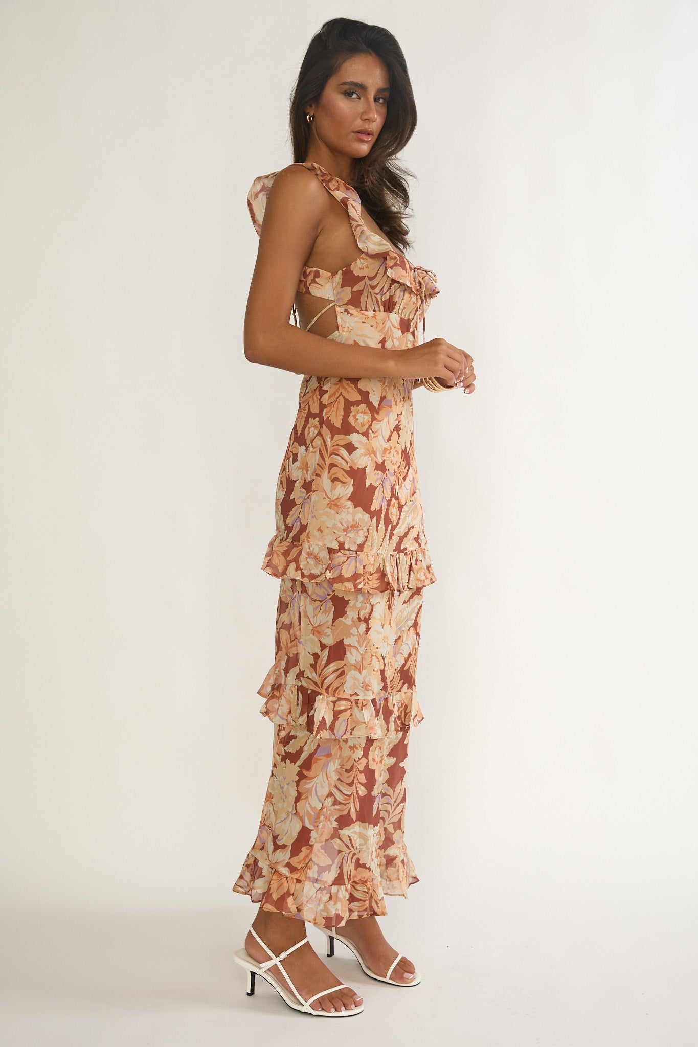 Dorise Tied Back Ruffle Maxi Dress Floral Yellow by Selfie Leslie Australia