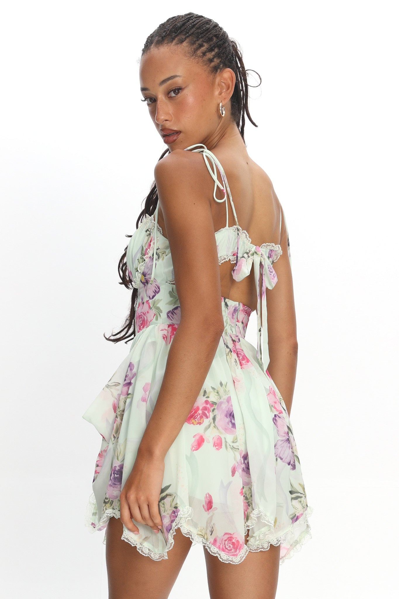 Gisora Tied Back Lace Trim Romper Floral Mint by Selfie Leslie Australia