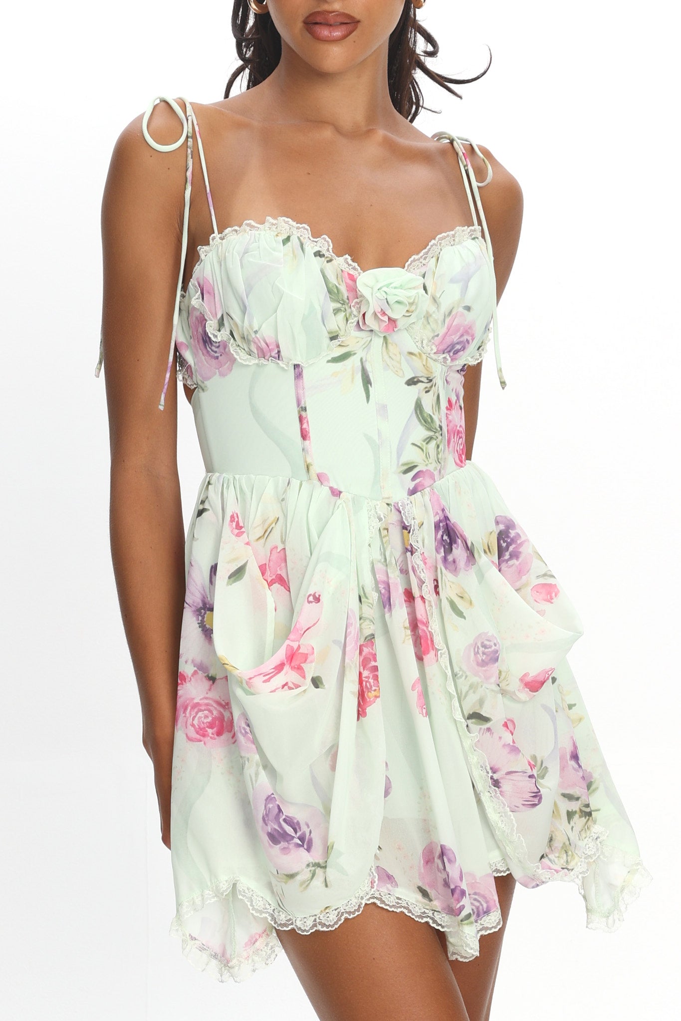 Gisora Tied Back Lace Trim Romper Floral Mint by Selfie Leslie Australia