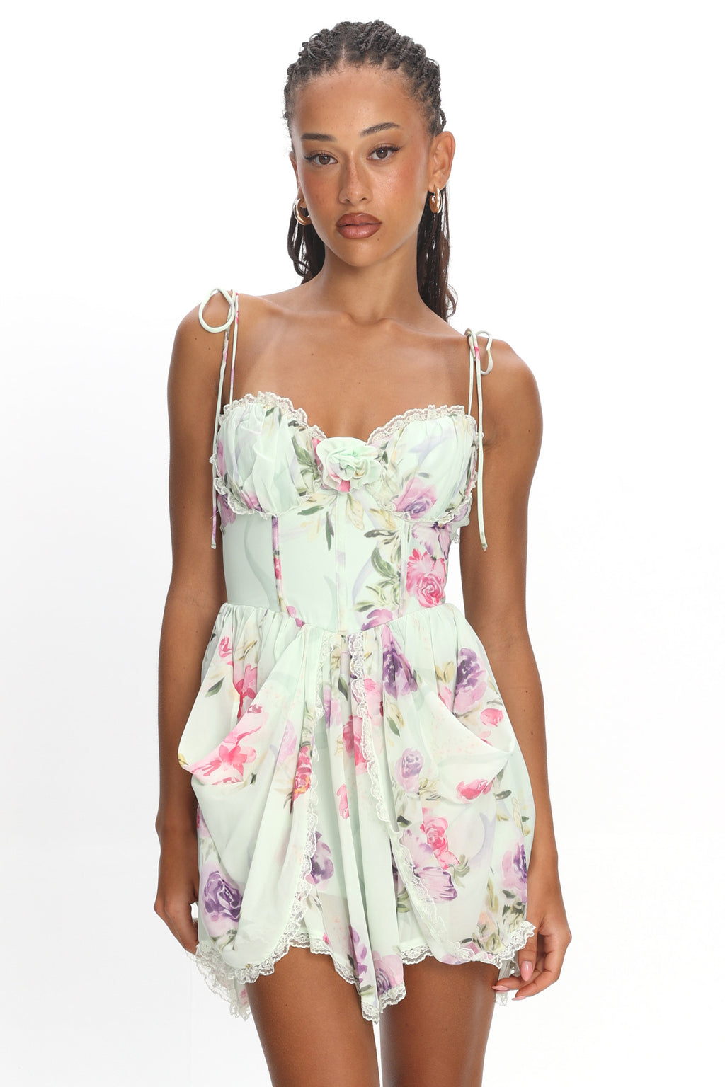 Gisora Tied Back Lace Trim Romper Floral Mint by Selfie Leslie Australia