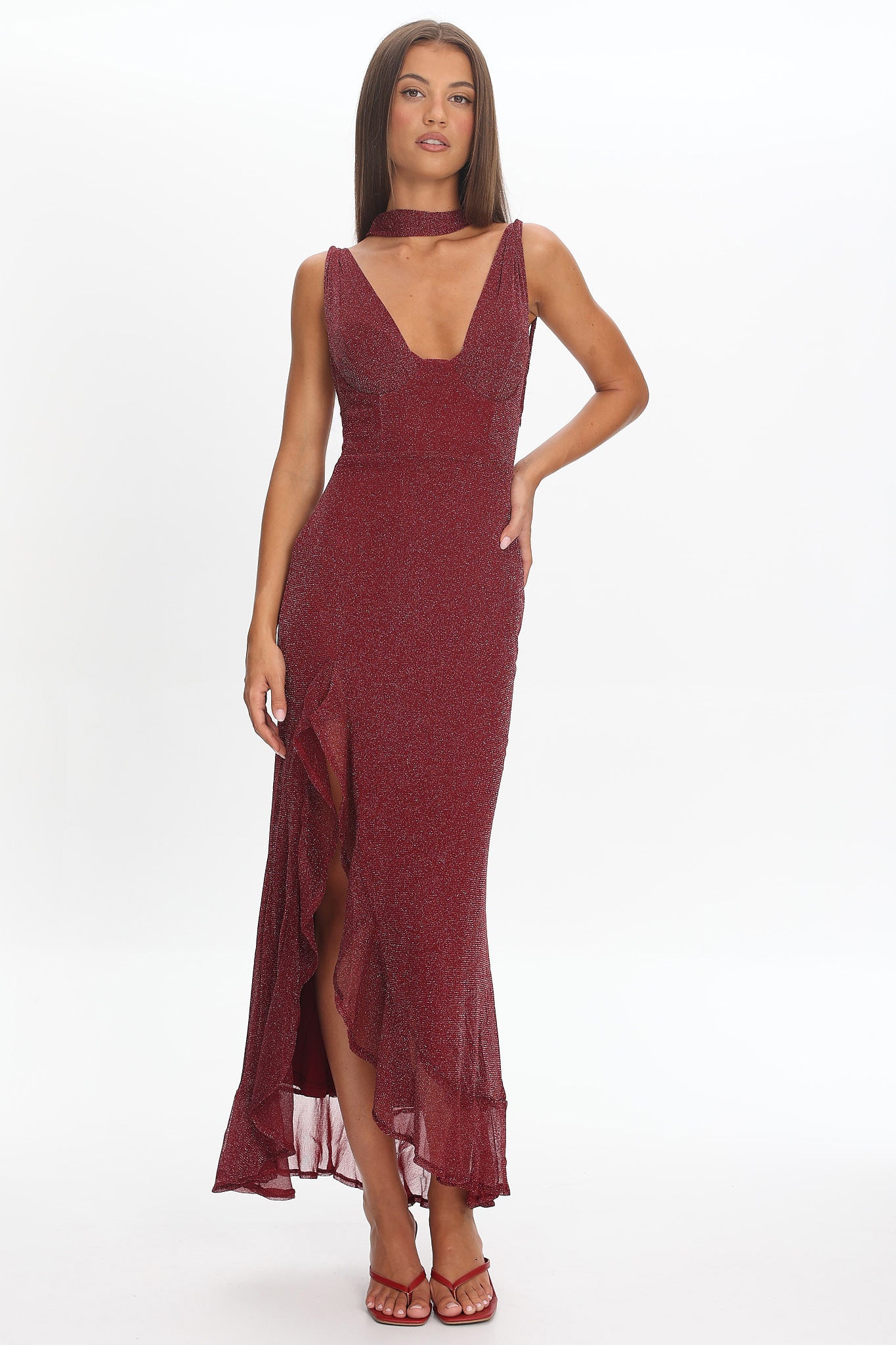 Chantrelle Twist Back Split Maxi Dress Wine by Selfie Leslie Australia