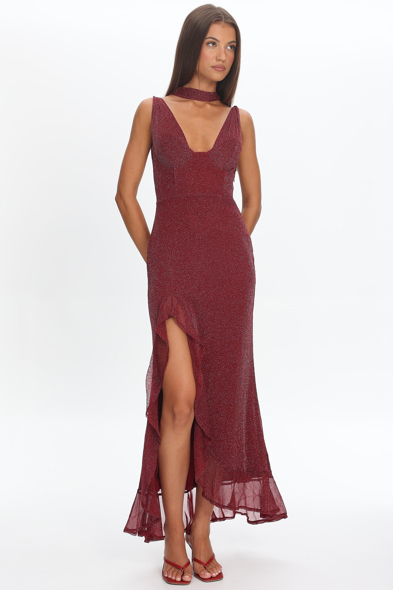 Chantrelle Twist Back Split Maxi Dress Wine by Selfie Leslie Australia