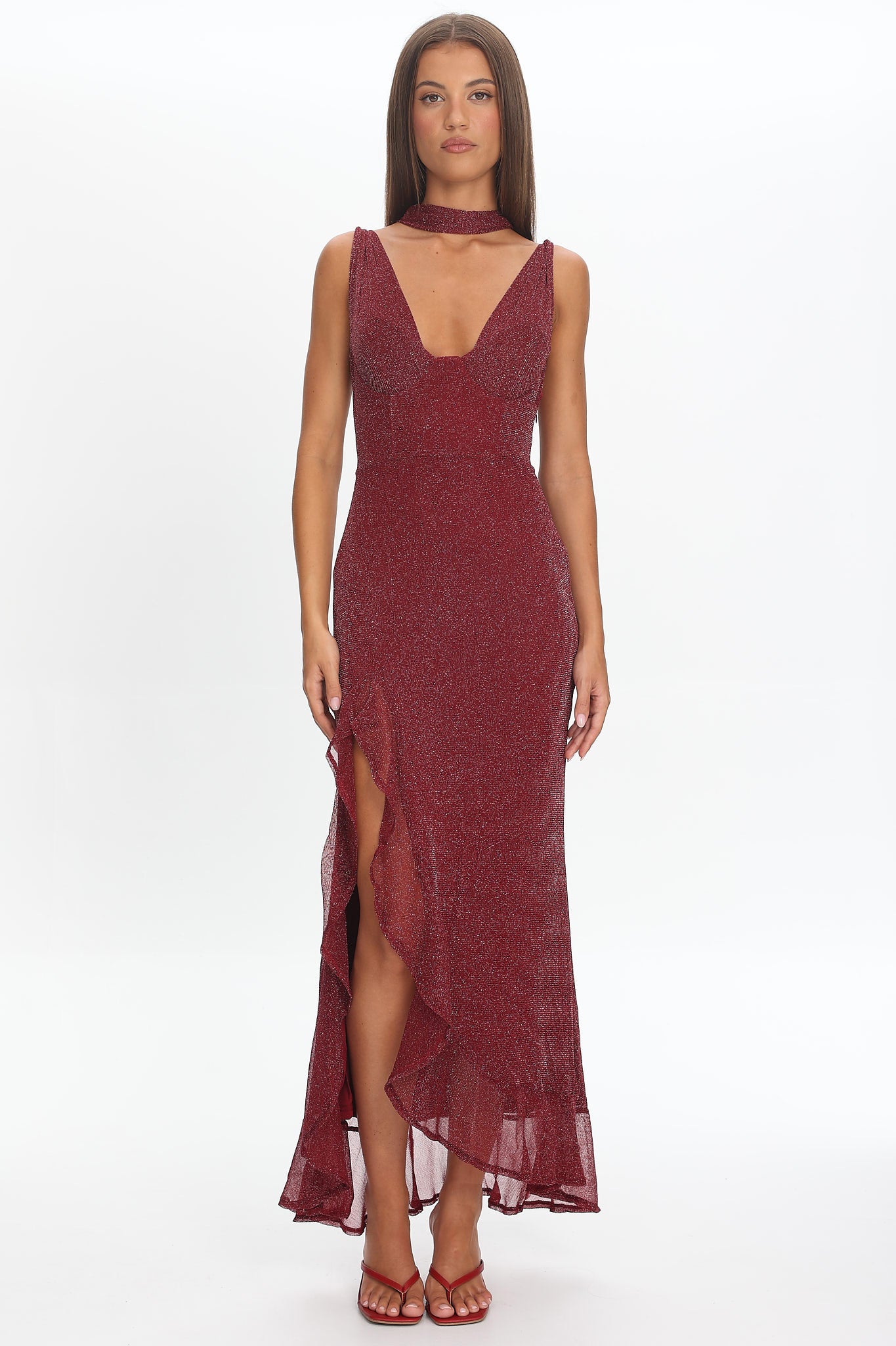 Chantrelle Twist Back Split Maxi Dress Wine by Selfie Leslie Australia