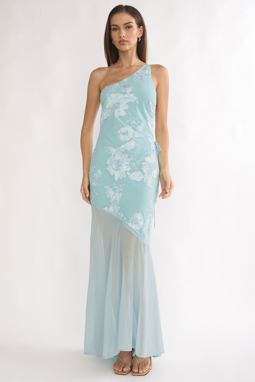 Mireya One-Shoulder Sheer Hem Maxi Dress Aqua by Selfie Leslie Australia