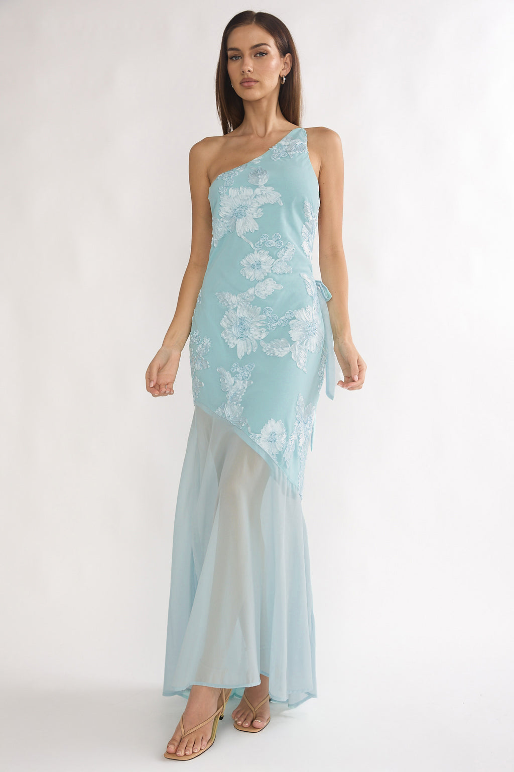 Mireya One-Shoulder Sheer Hem Maxi Dress Aqua by Selfie Leslie Australia