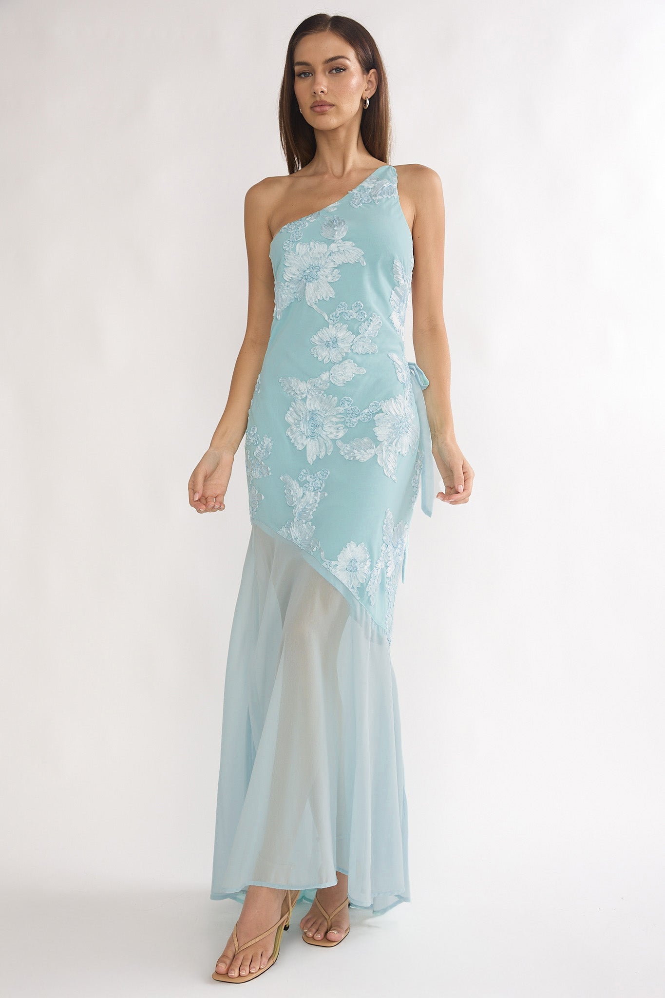 Mireya One-Shoulder Sheer Hem Maxi Dress Aqua by Selfie Leslie Australia