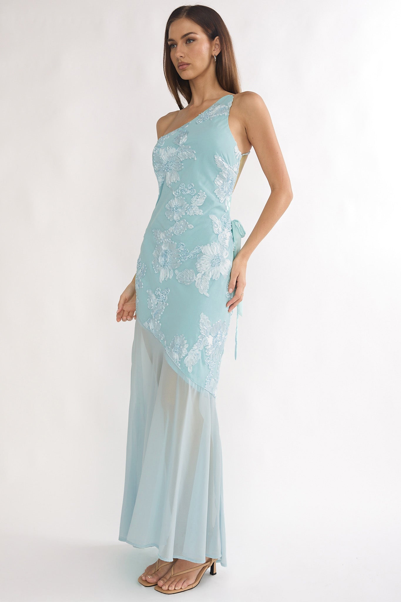 Mireya One-Shoulder Sheer Hem Maxi Dress Aqua by Selfie Leslie Australia