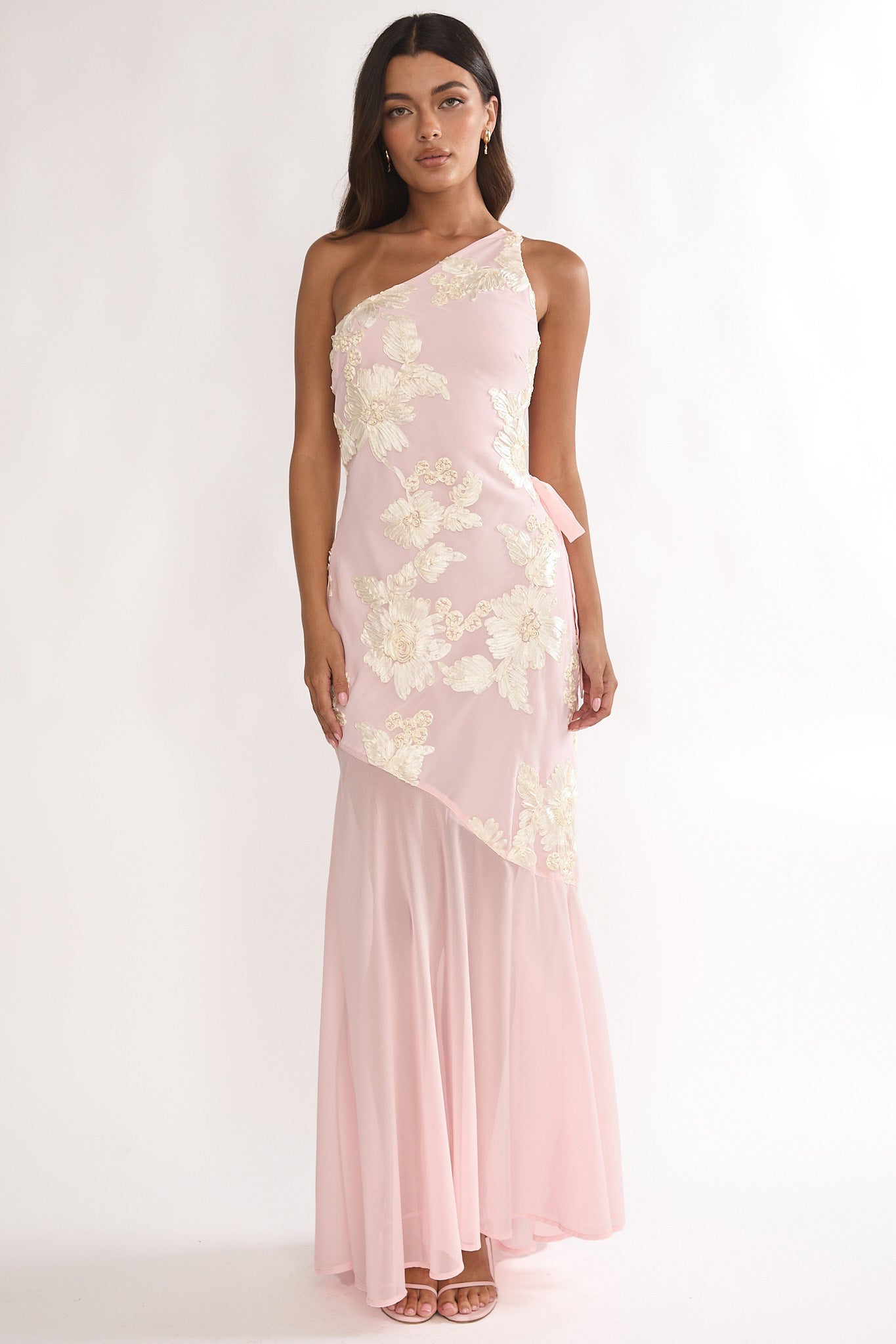 Mireya One-Shoulder Sheer Hem Maxi Dress Pink by Selfie Leslie Australia