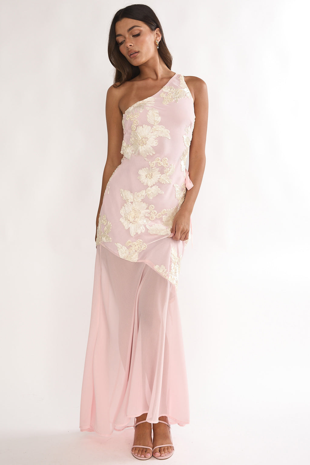 Mireya One-Shoulder Sheer Hem Maxi Dress Pink by Selfie Leslie Australia