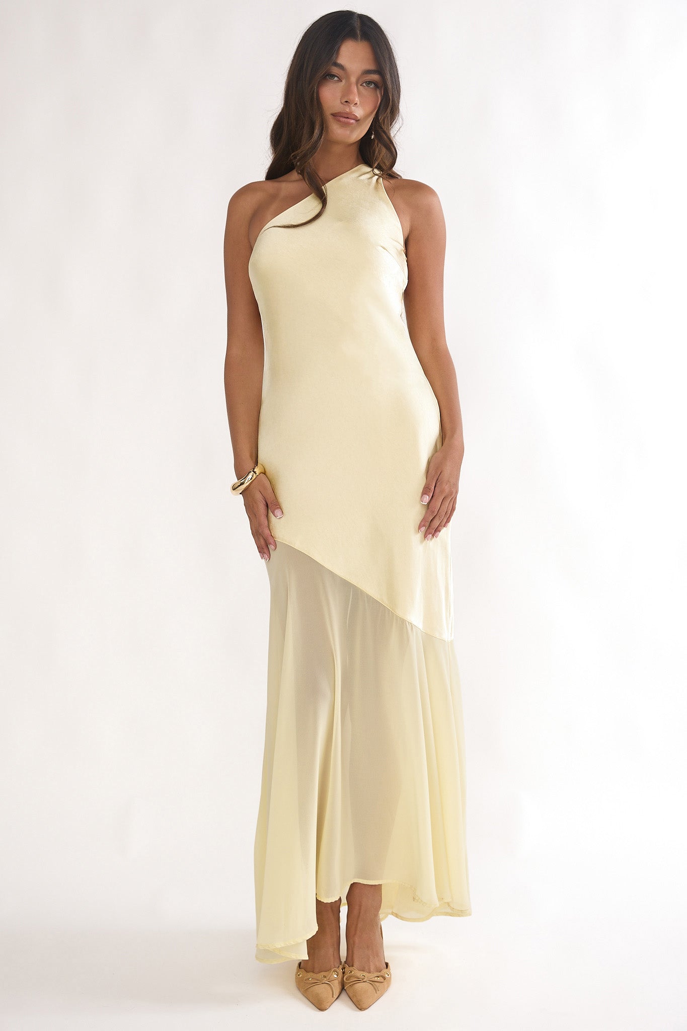 Mireya One-Shoulder Sheer Hem Maxi Dress Lemon by Selfie Leslie Australia