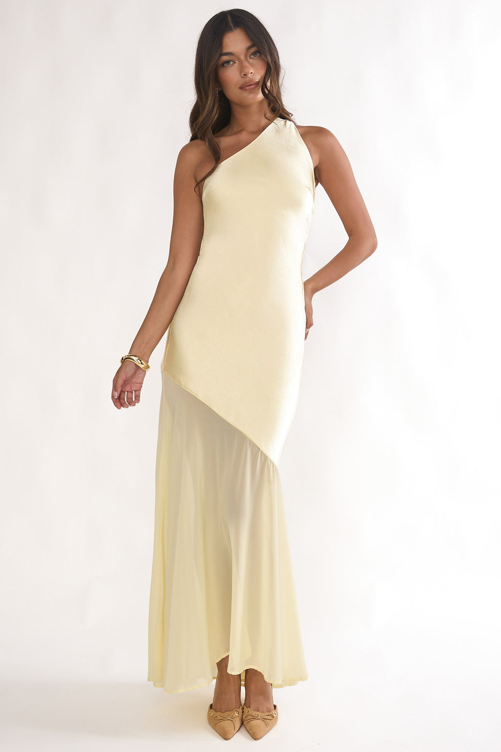 Mireya One-Shoulder Sheer Hem Maxi Dress Lemon by Selfie Leslie Australia