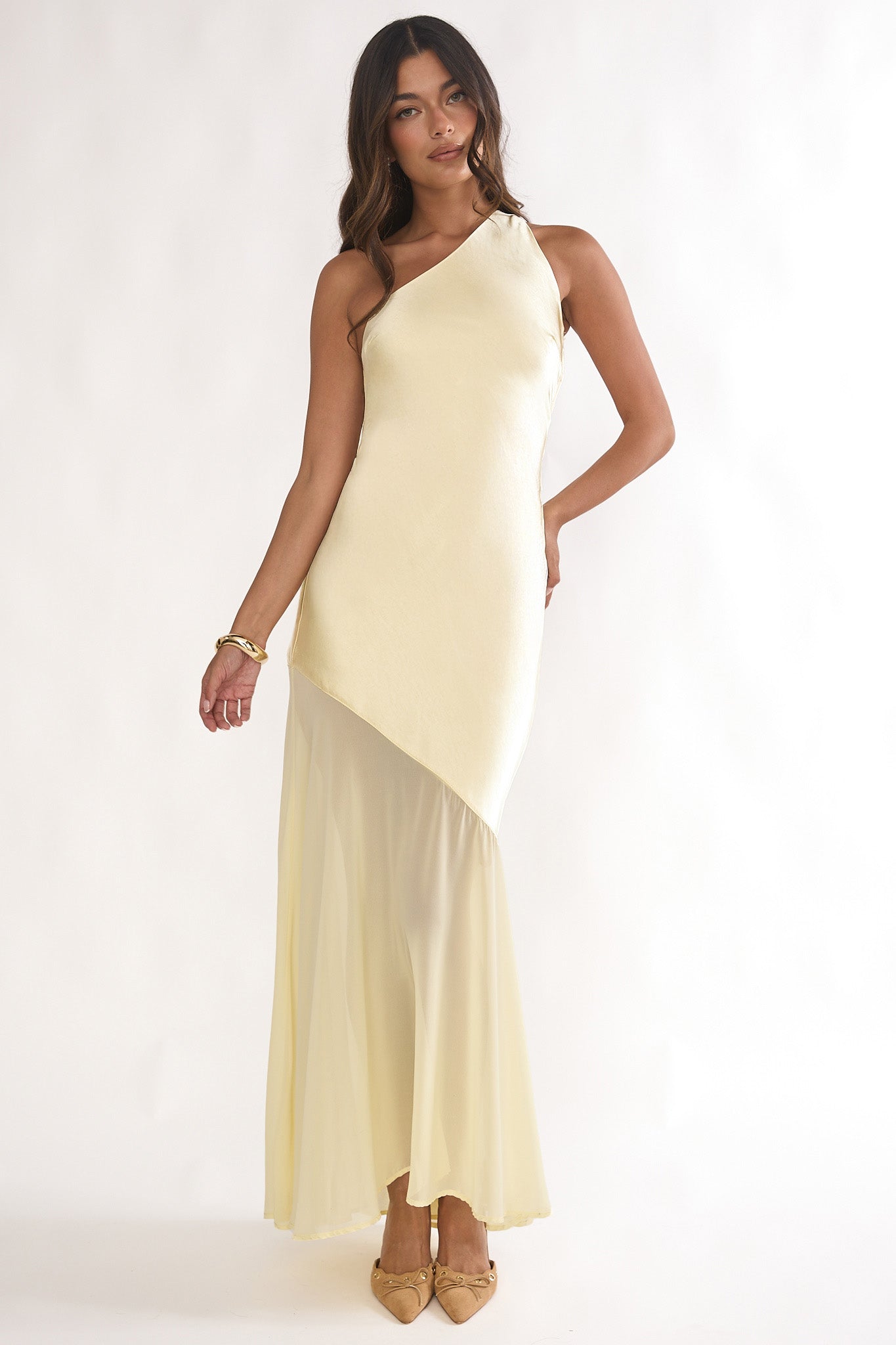 Mireya One-Shoulder Sheer Hem Maxi Dress Lemon by Selfie Leslie Australia