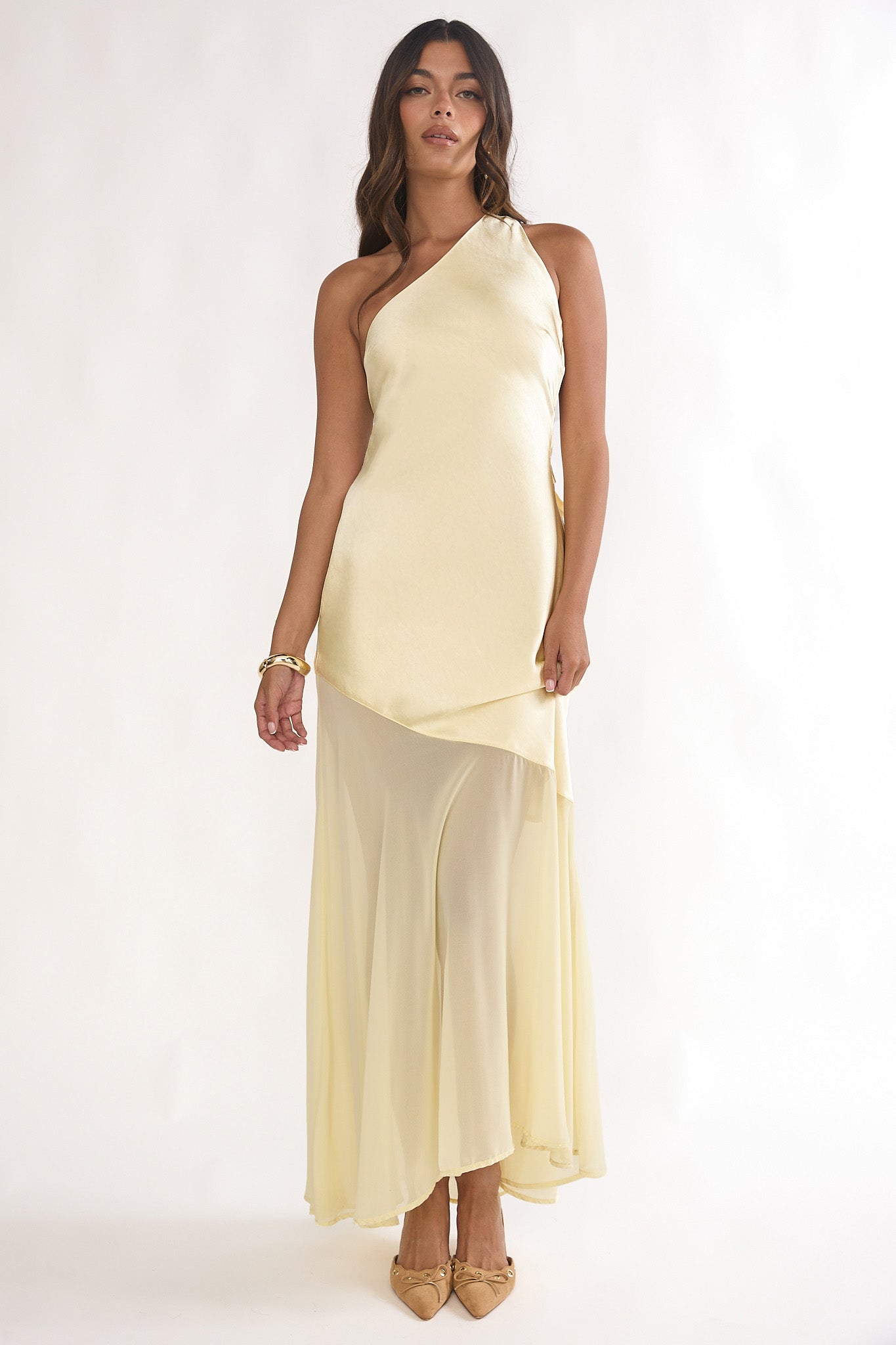Mireya One-Shoulder Sheer Hem Maxi Dress Lemon by Selfie Leslie Australia