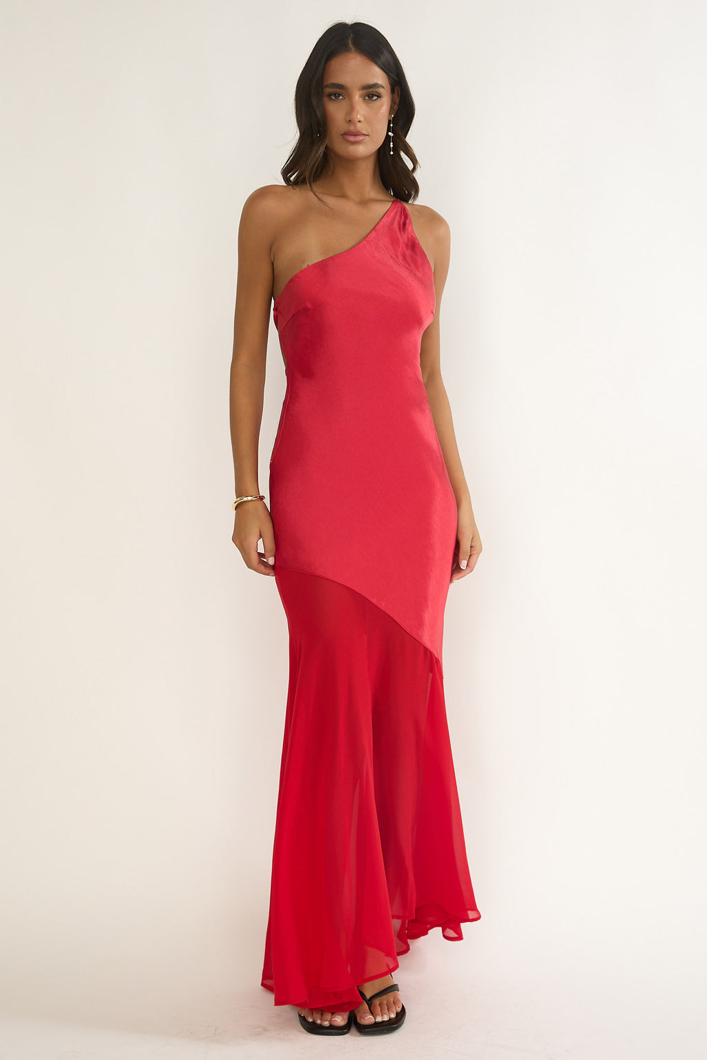Mireya One-Shoulder Sheer Hem Maxi Dress Red by Selfie Leslie Australia