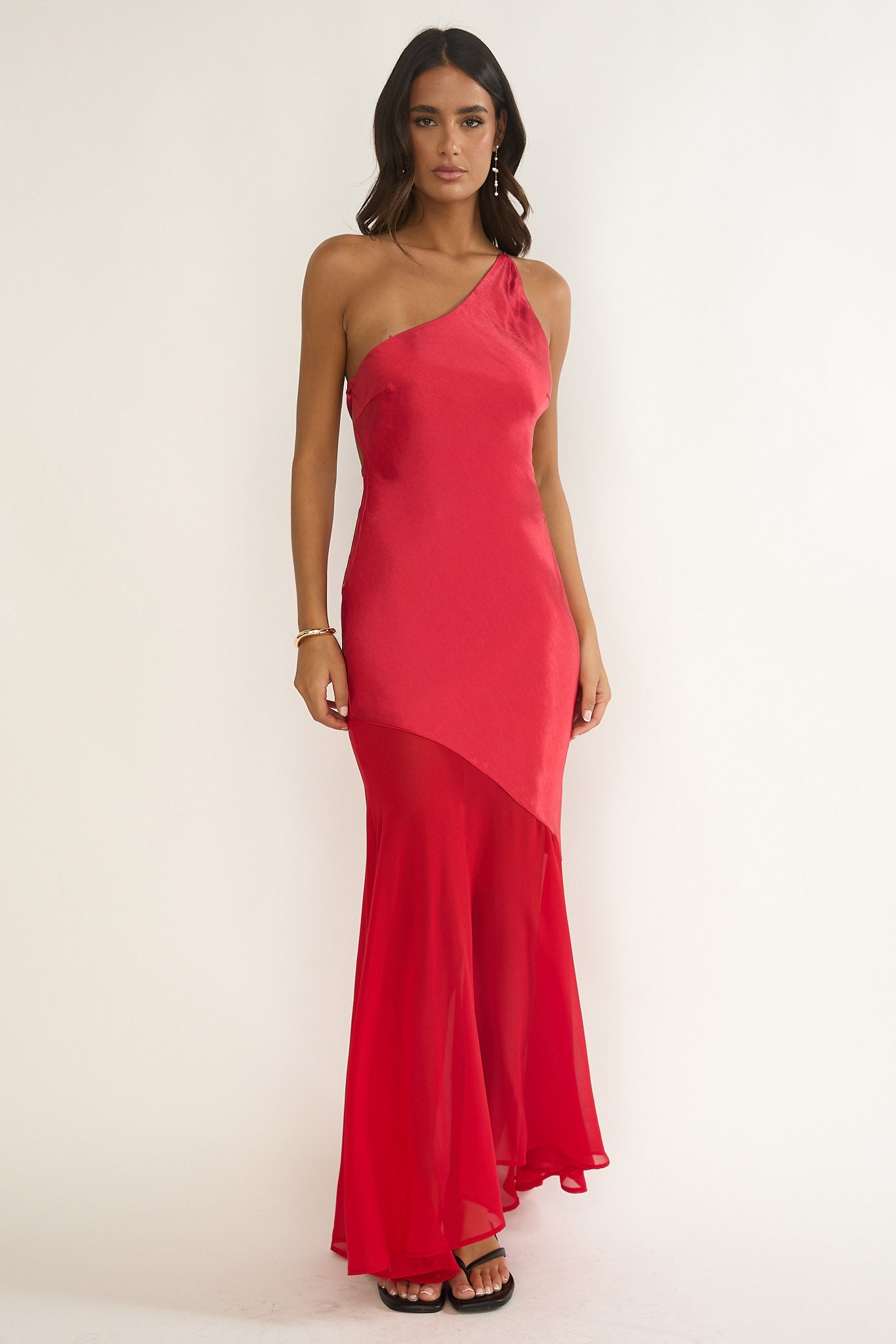 Mireya One-Shoulder Sheer Hem Maxi Dress Red by Selfie Leslie Australia