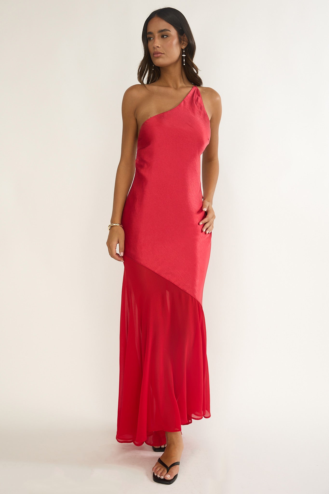 Mireya One-Shoulder Sheer Hem Maxi Dress Red by Selfie Leslie Australia