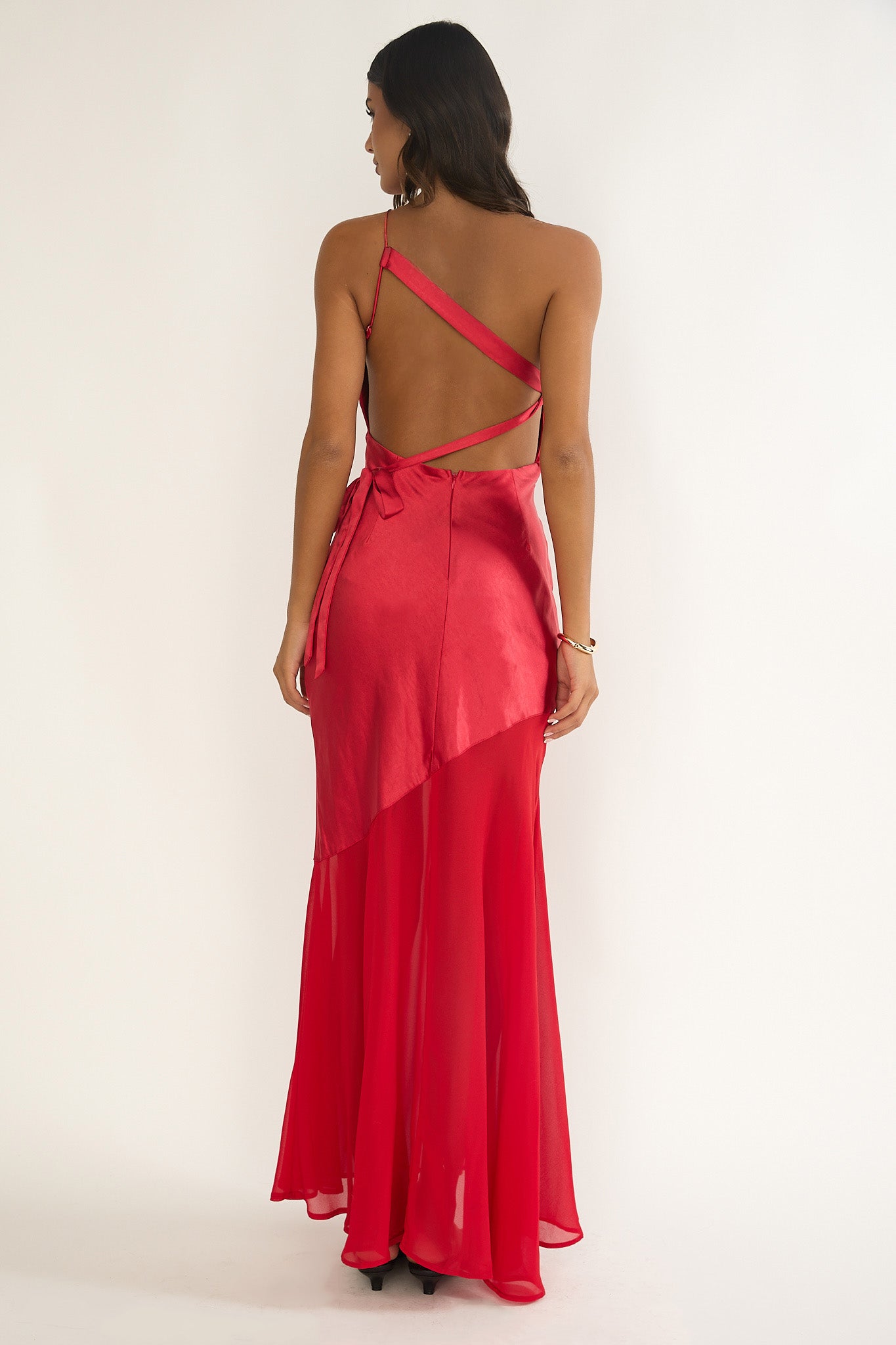 Mireya One-Shoulder Sheer Hem Maxi Dress Red by Selfie Leslie Australia
