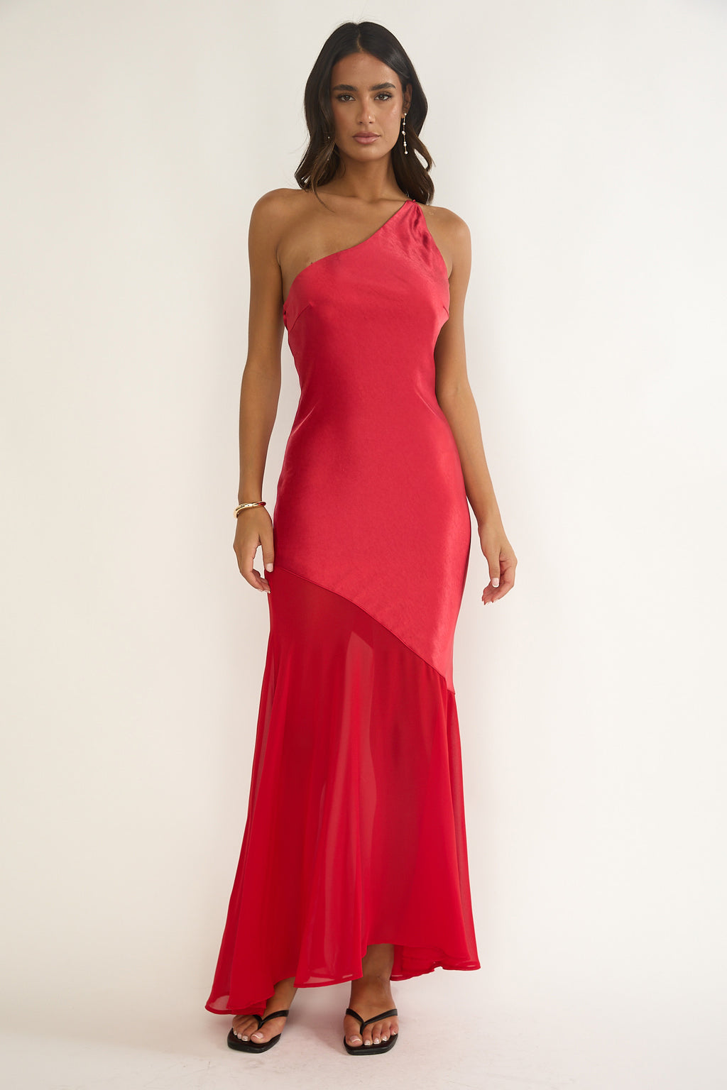 Mireya One-Shoulder Sheer Hem Maxi Dress Red by Selfie Leslie Australia