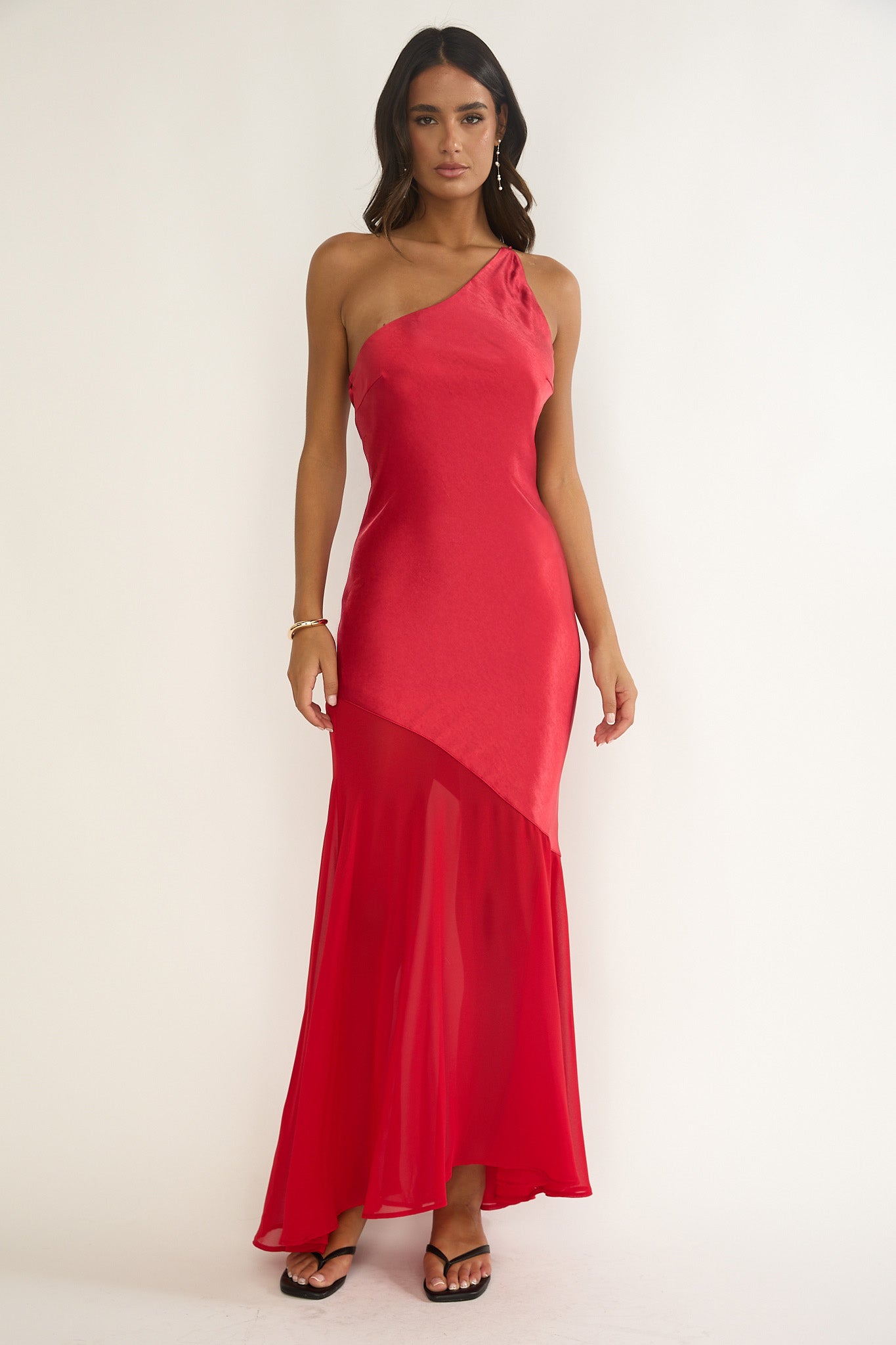Mireya One-Shoulder Sheer Hem Maxi Dress Red by Selfie Leslie Australia