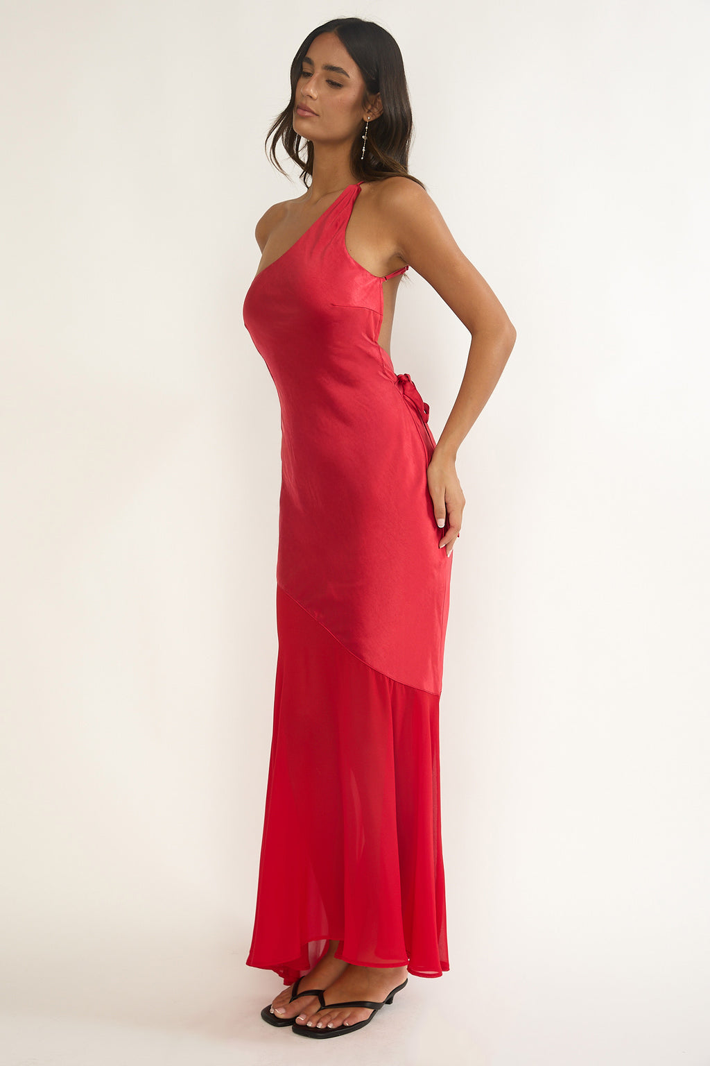 Mireya One-Shoulder Sheer Hem Maxi Dress Red by Selfie Leslie Australia
