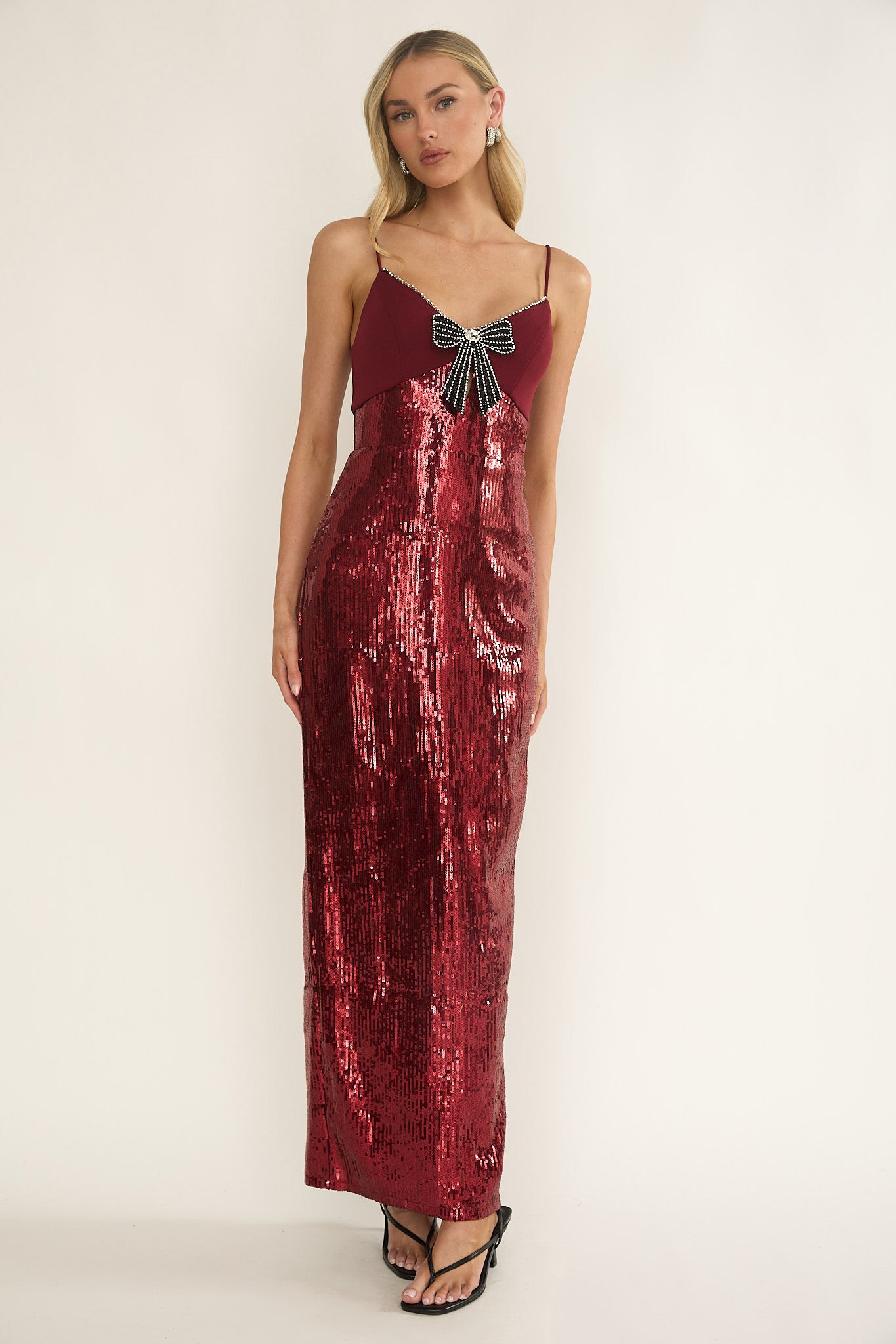 Nolani Sequin Bow & Diamante Maxi Dress Wine by Selfie Leslie Australia