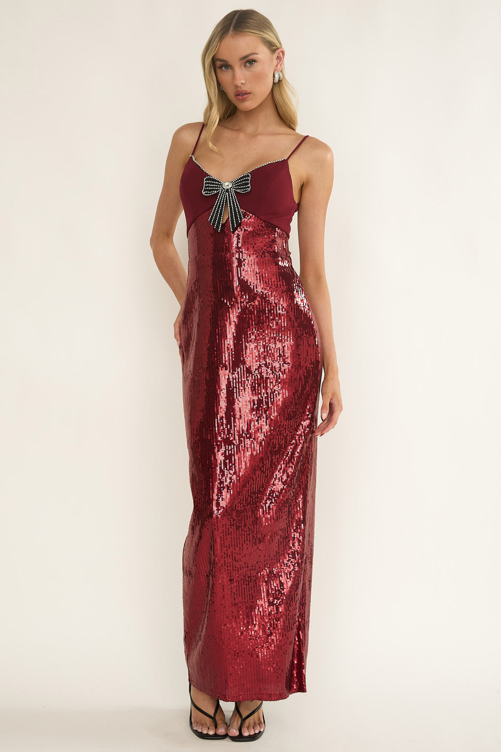 Nolani Sequin Bow & Diamante Maxi Dress Wine by Selfie Leslie Australia