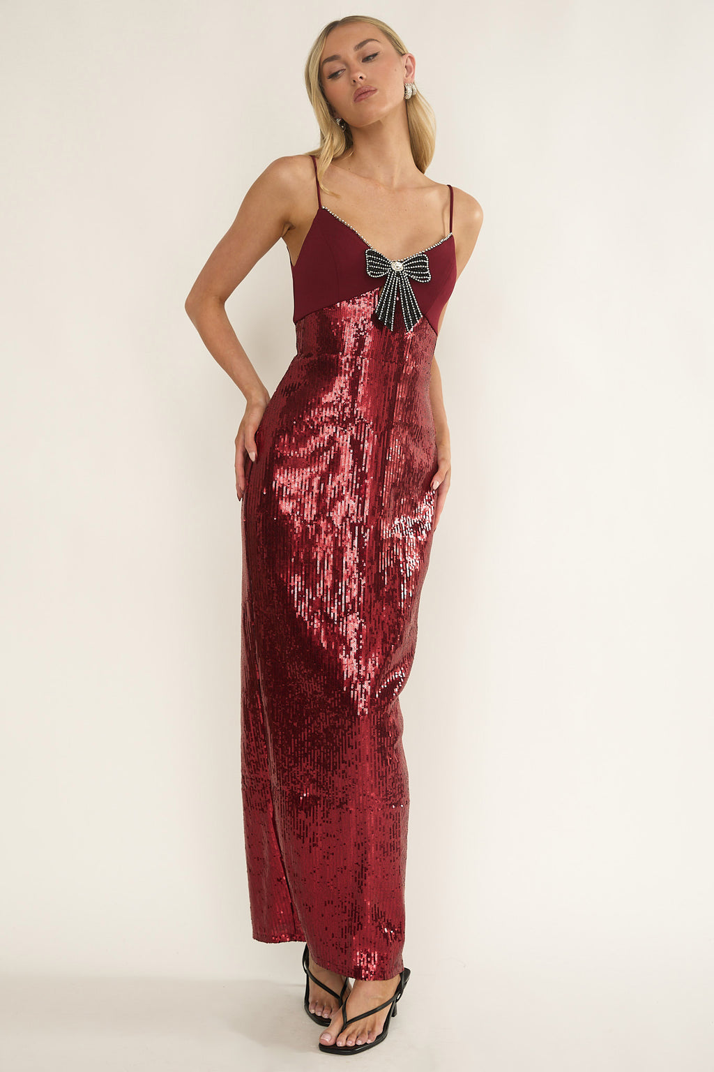 Nolani Sequin Bow & Diamante Maxi Dress Wine by Selfie Leslie Australia