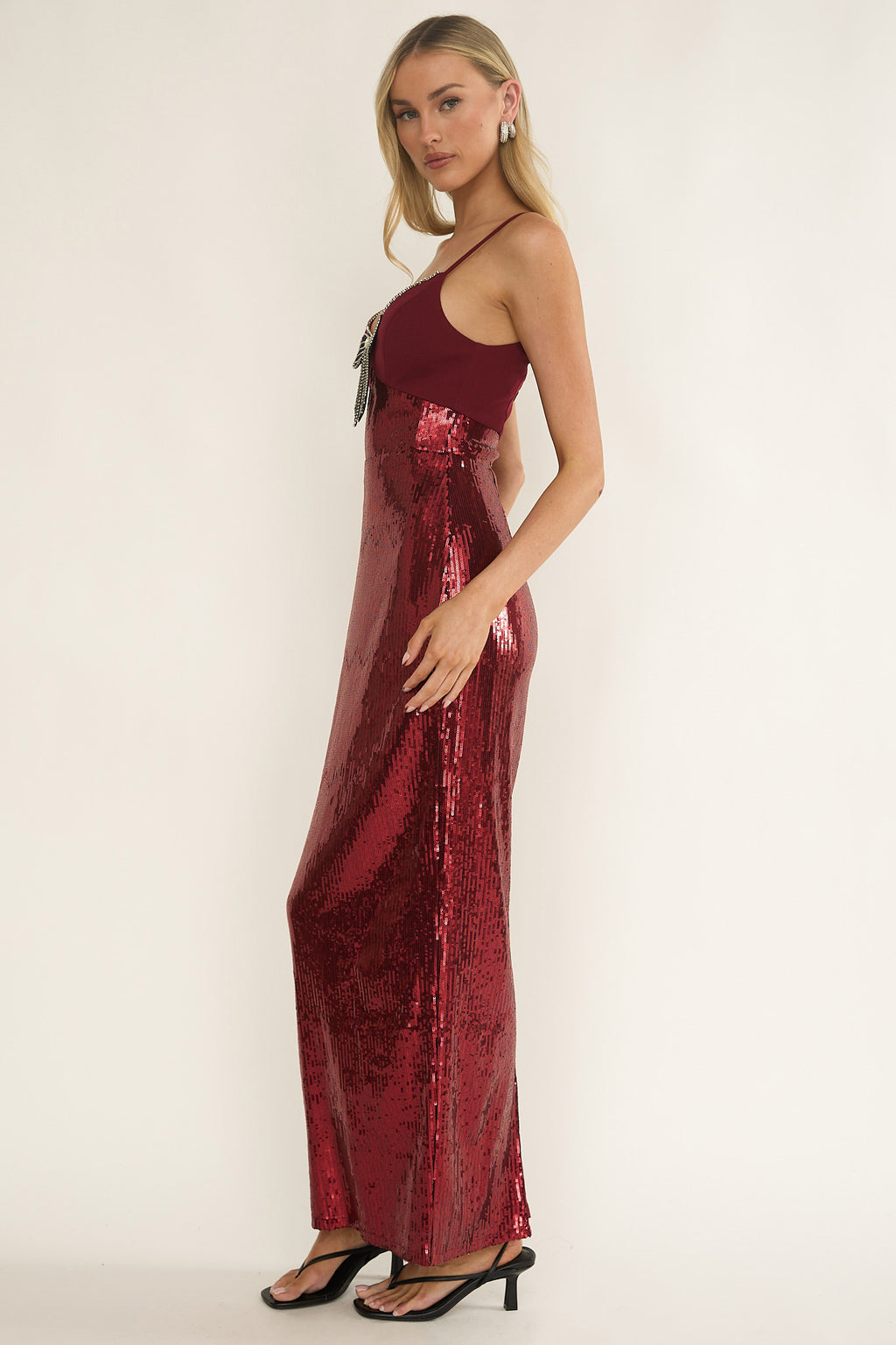 Nolani Sequin Bow & Diamante Maxi Dress Wine by Selfie Leslie Australia