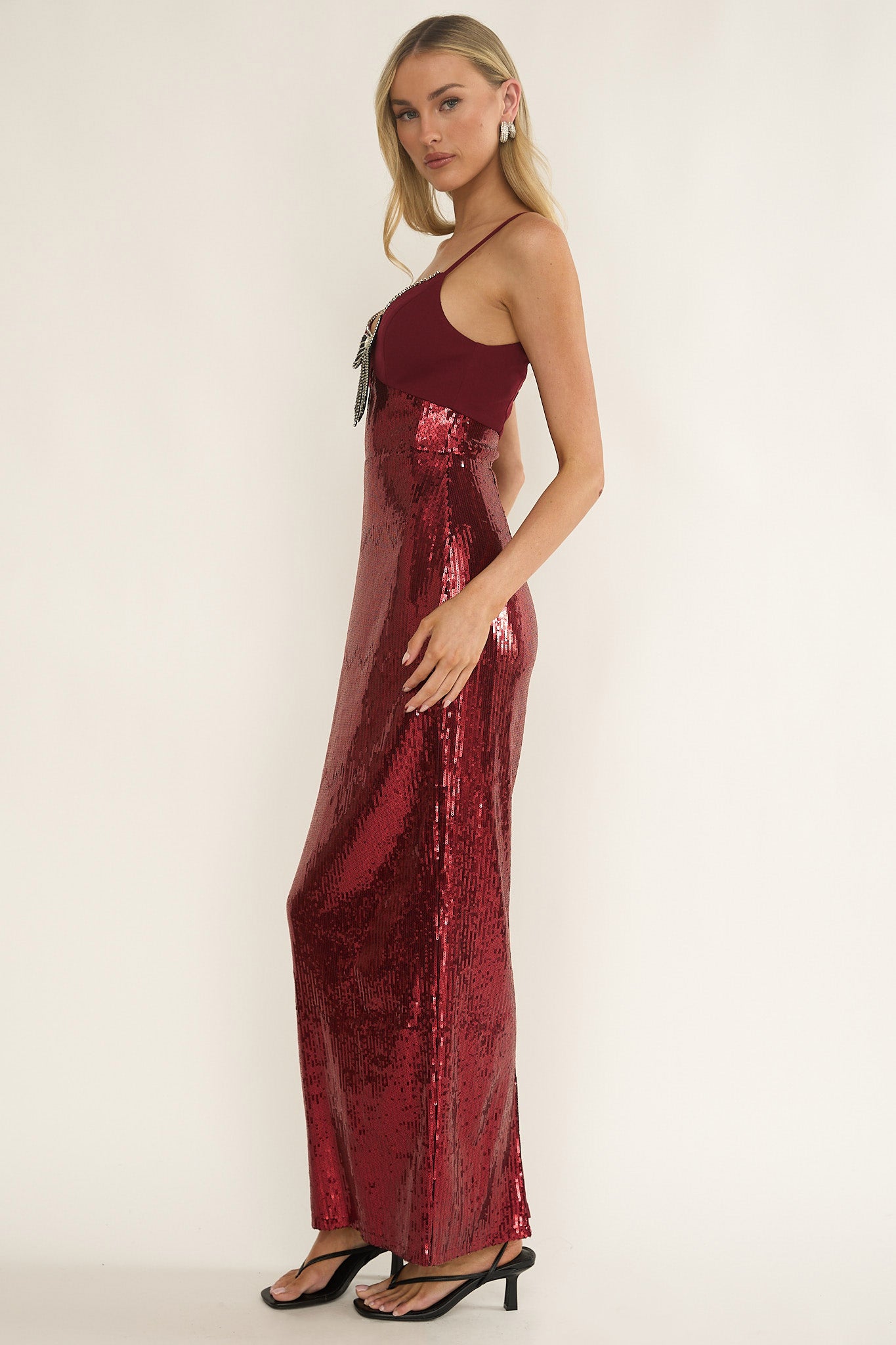 Nolani Sequin Bow & Diamante Maxi Dress Wine by Selfie Leslie Australia