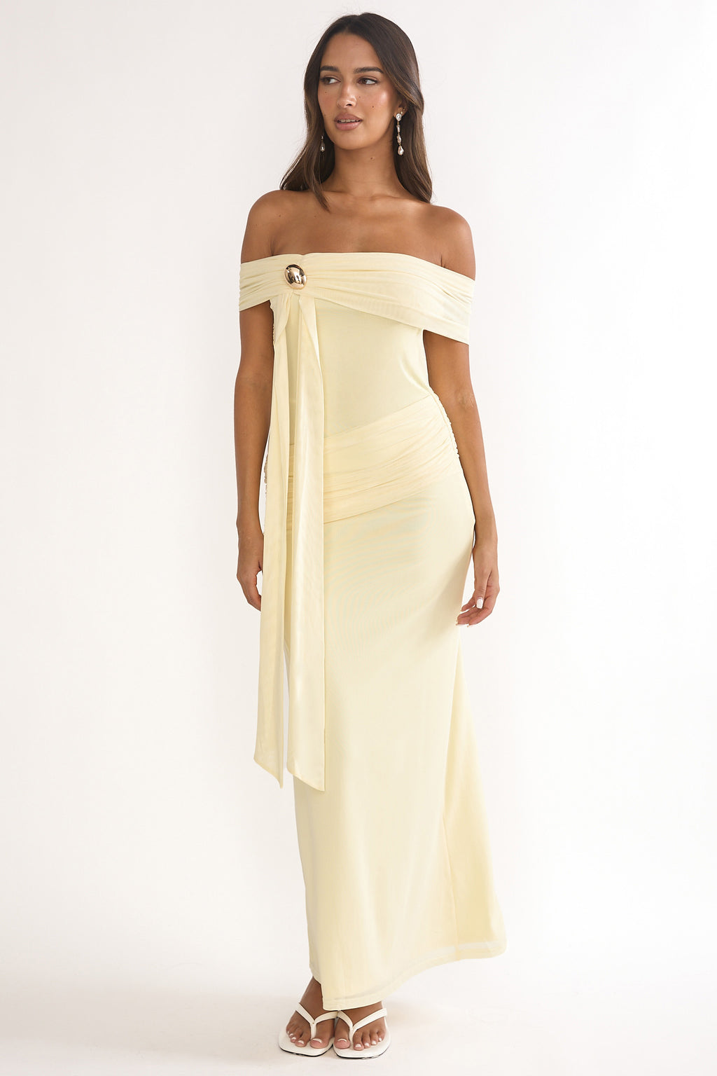 Evanthe Off-Shoulder Sash Maxi Dress Lemon by Selfie Leslie Australia