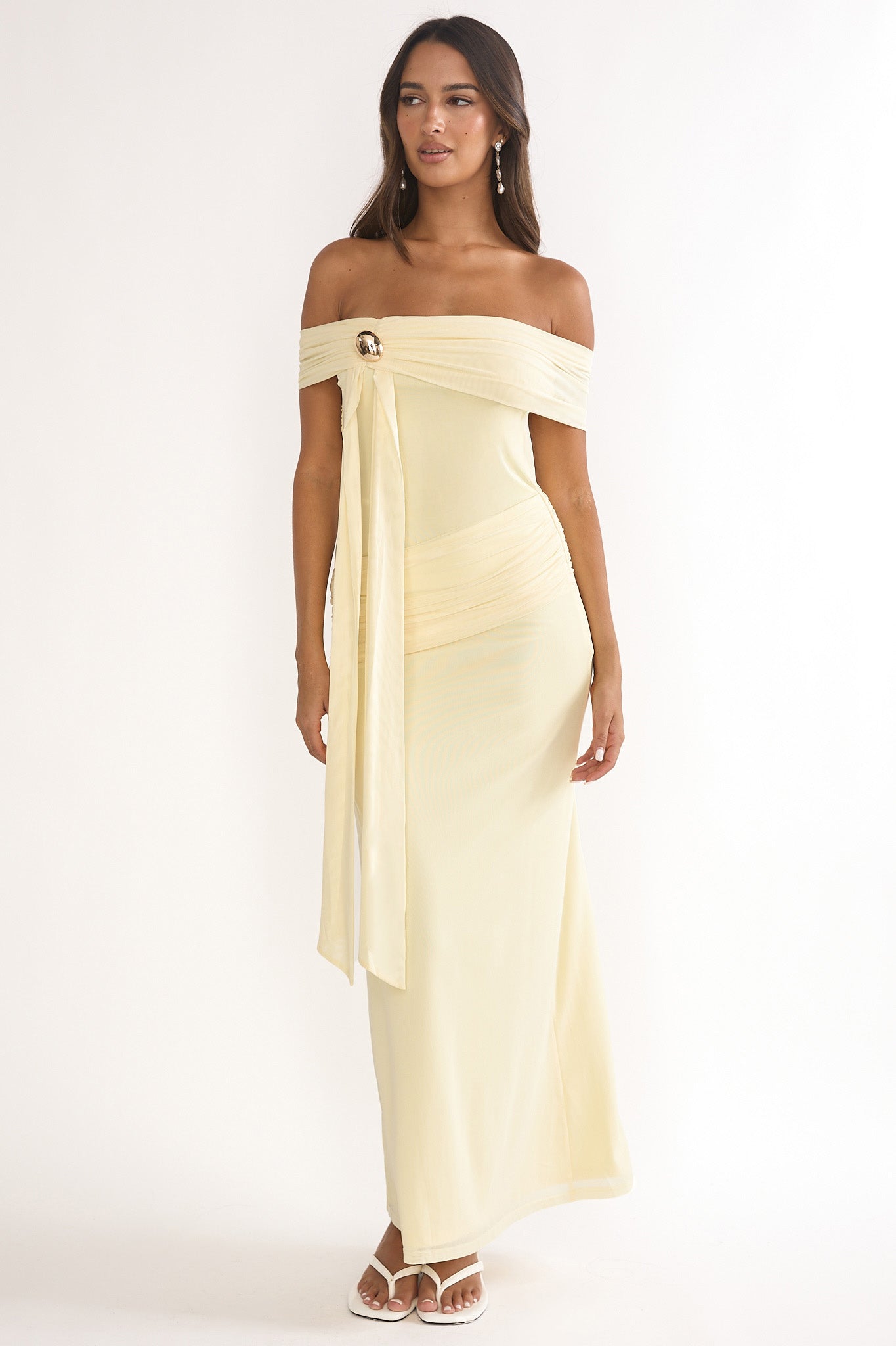 Evanthe Off-Shoulder Sash Maxi Dress Lemon by Selfie Leslie Australia