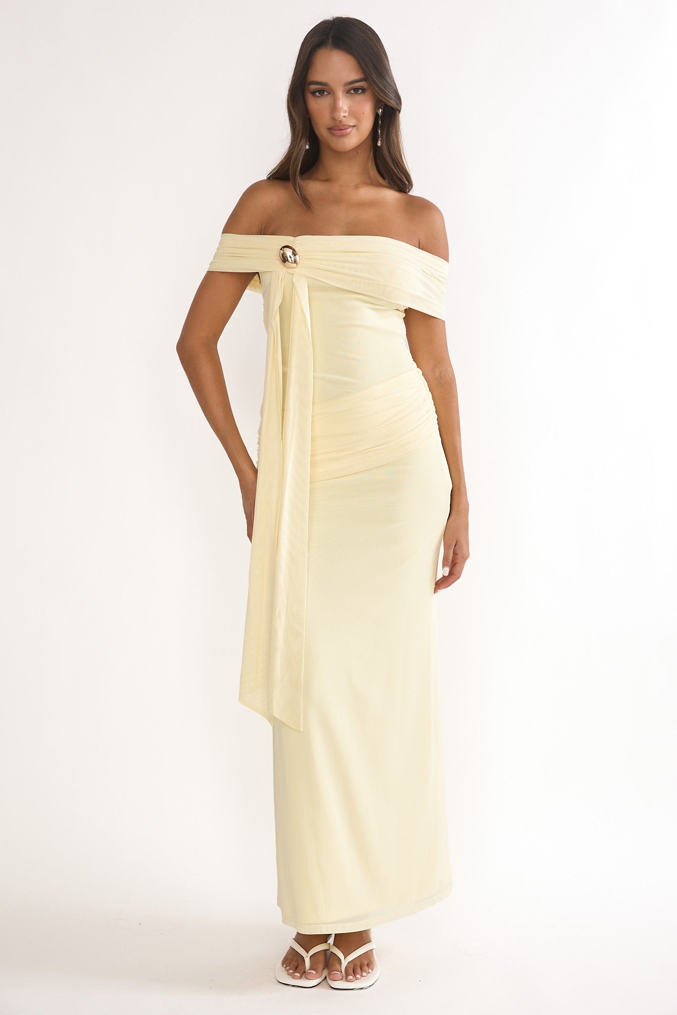 Evanthe Off-Shoulder Sash Maxi Dress Lemon by Selfie Leslie Australia