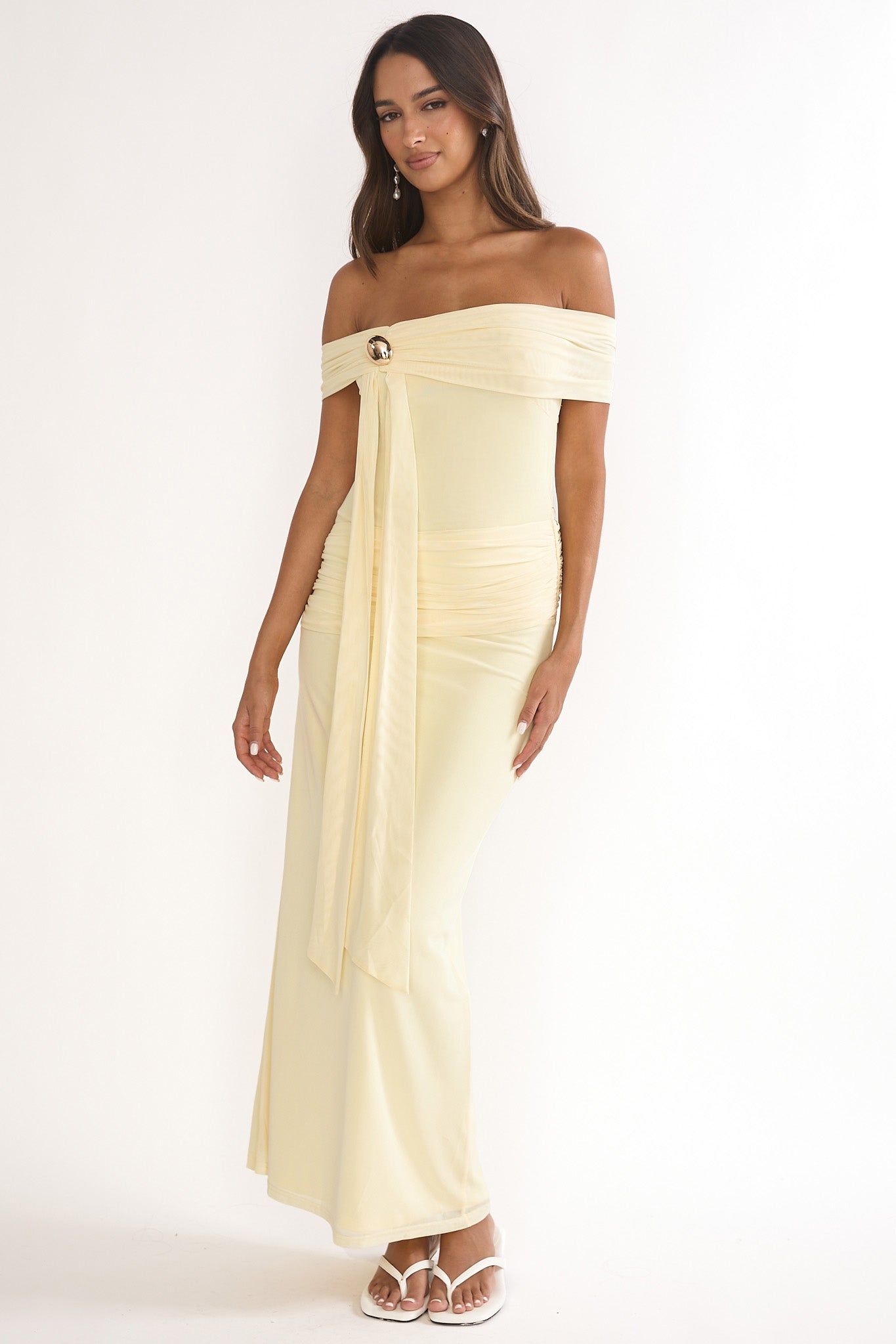 Evanthe Off-Shoulder Sash Maxi Dress Lemon by Selfie Leslie Australia