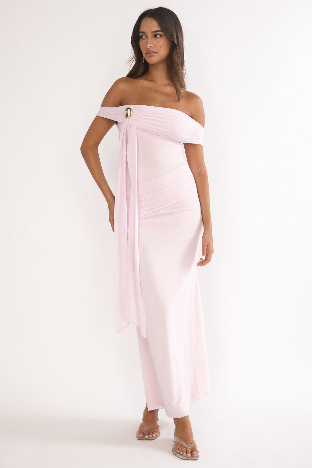 Evanthe Off-Shoulder Sash Maxi Dress Blush by Selfie Leslie Australia