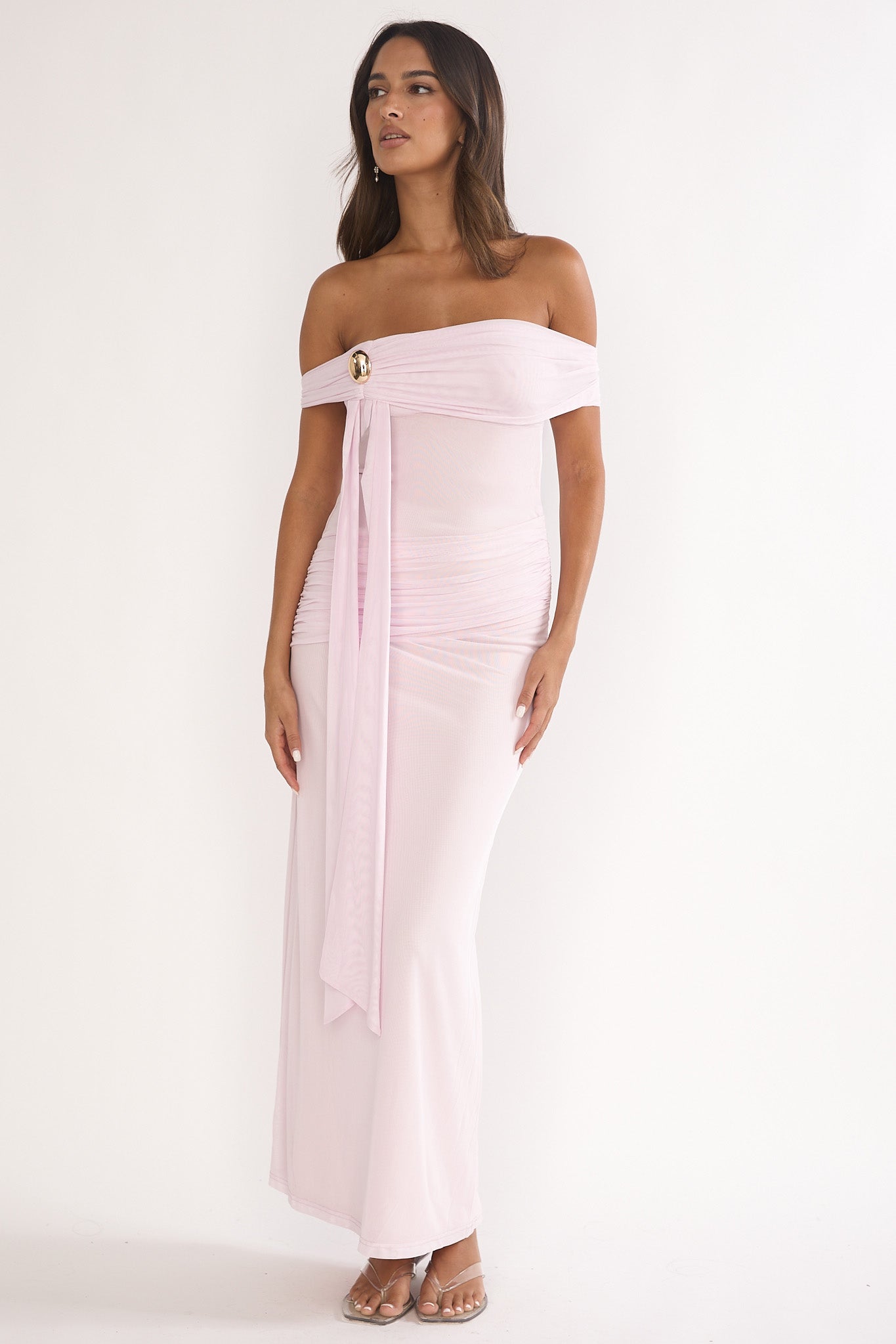 Evanthe Off-Shoulder Sash Maxi Dress Blush by Selfie Leslie Australia