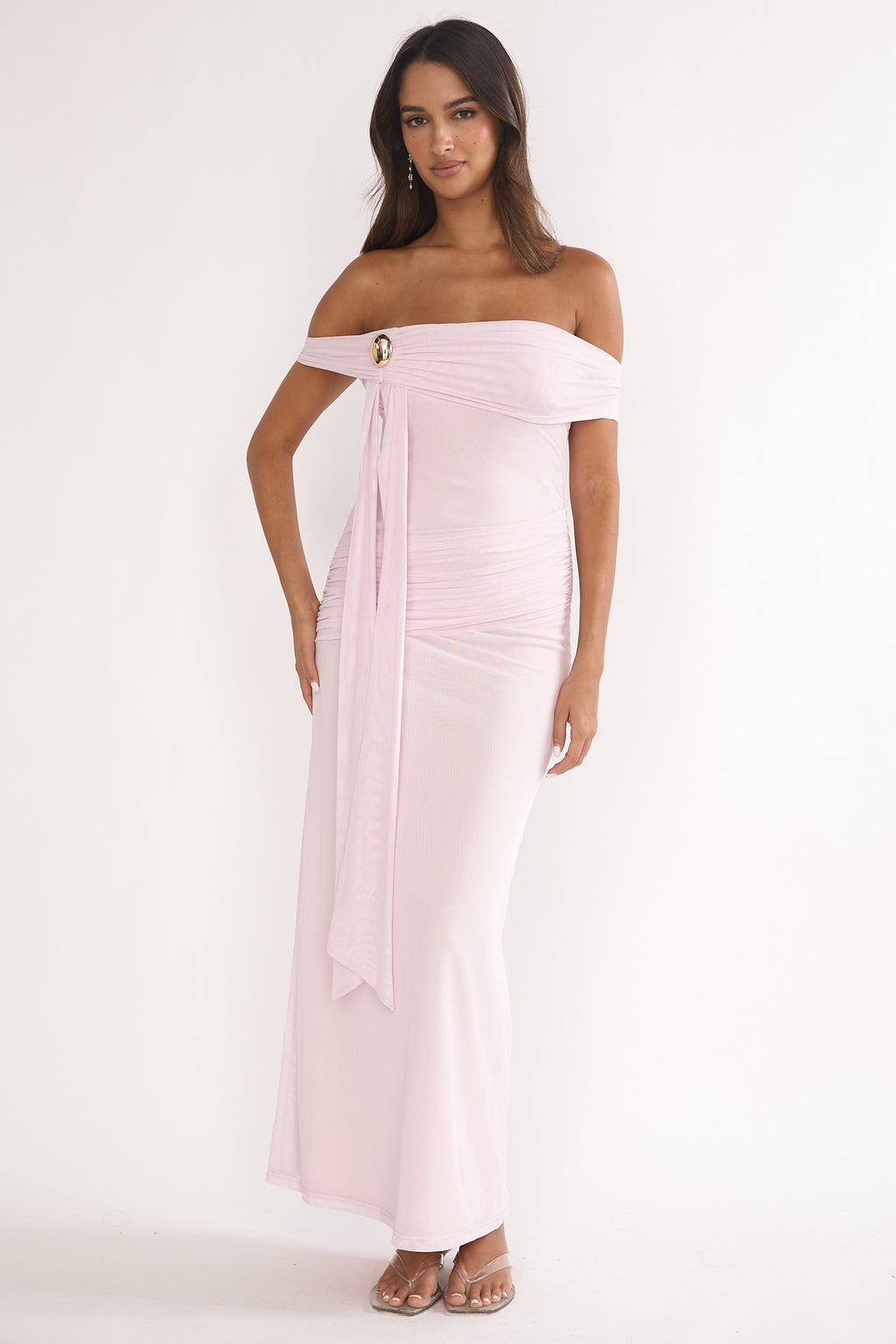 Evanthe Off-Shoulder Sash Maxi Dress Blush by Selfie Leslie Australia
